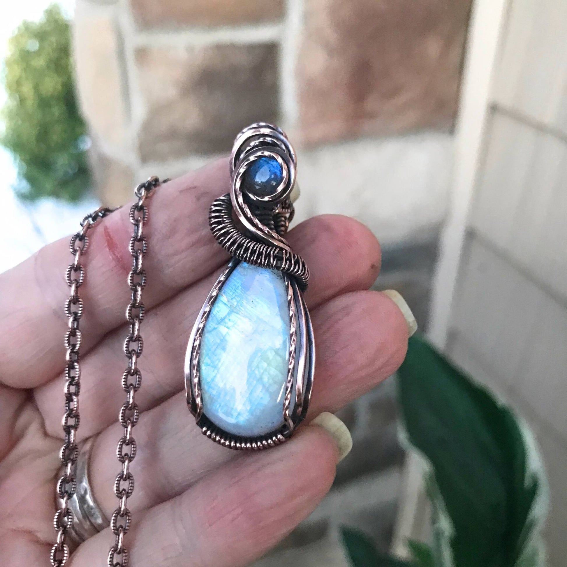 Moonstone & Blue Labradorite Teardrop Copper Pendant