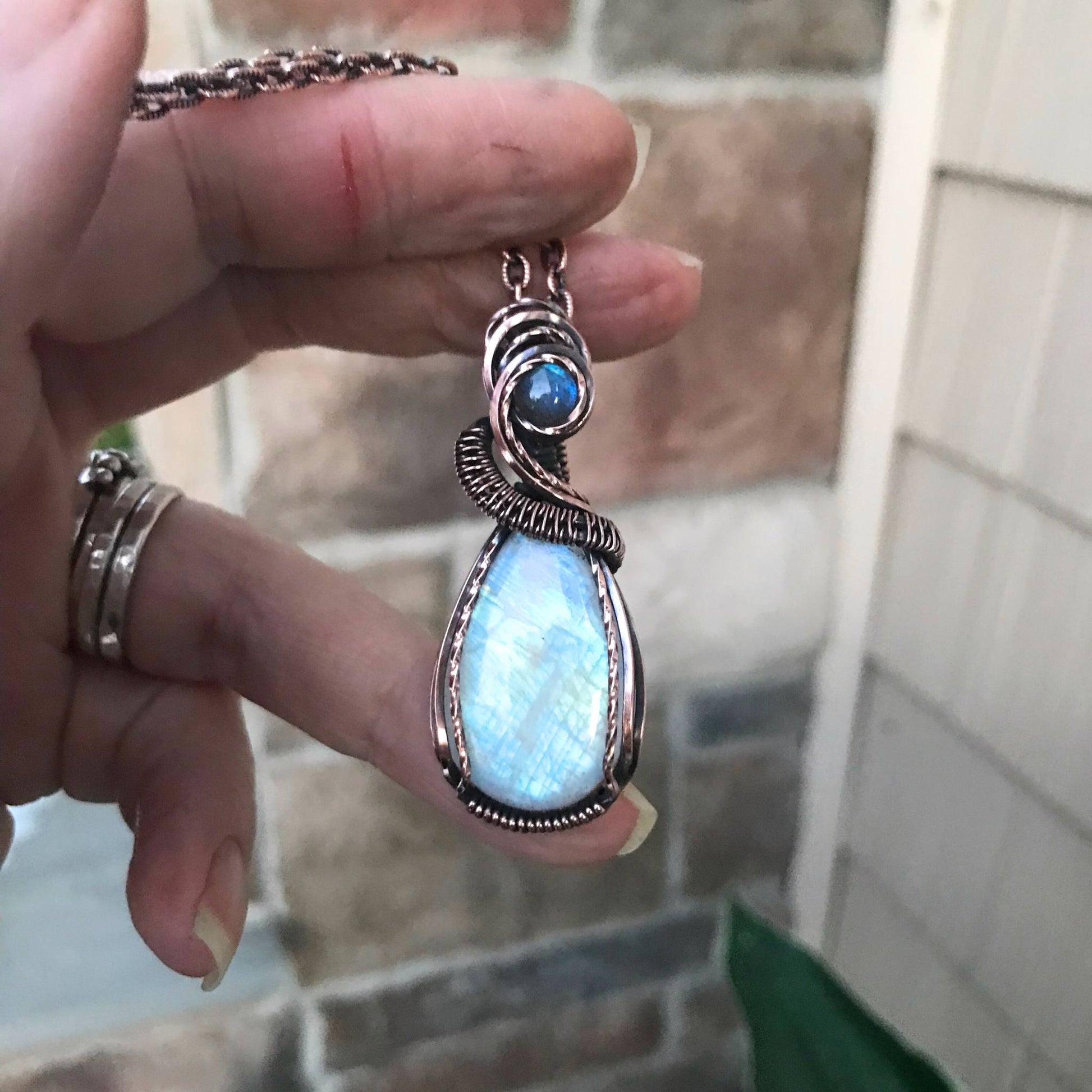 Moonstone & Blue Labradorite Teardrop Copper Pendant