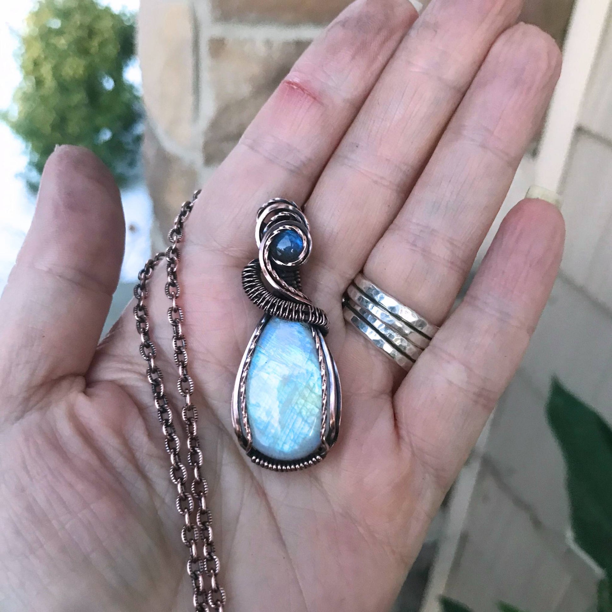 Moonstone & Blue Labradorite Teardrop Copper Pendant