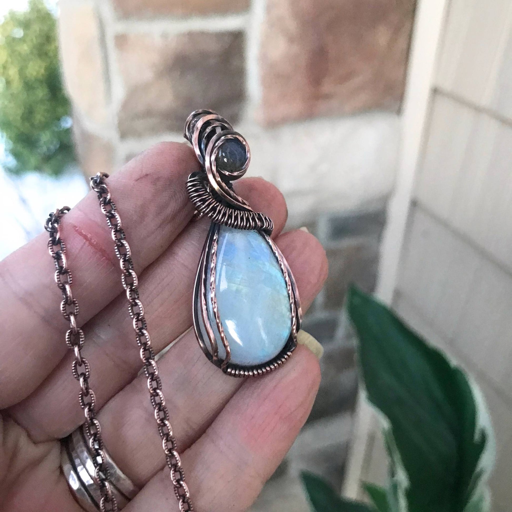 Moonstone & Blue Labradorite Teardrop Copper Pendant