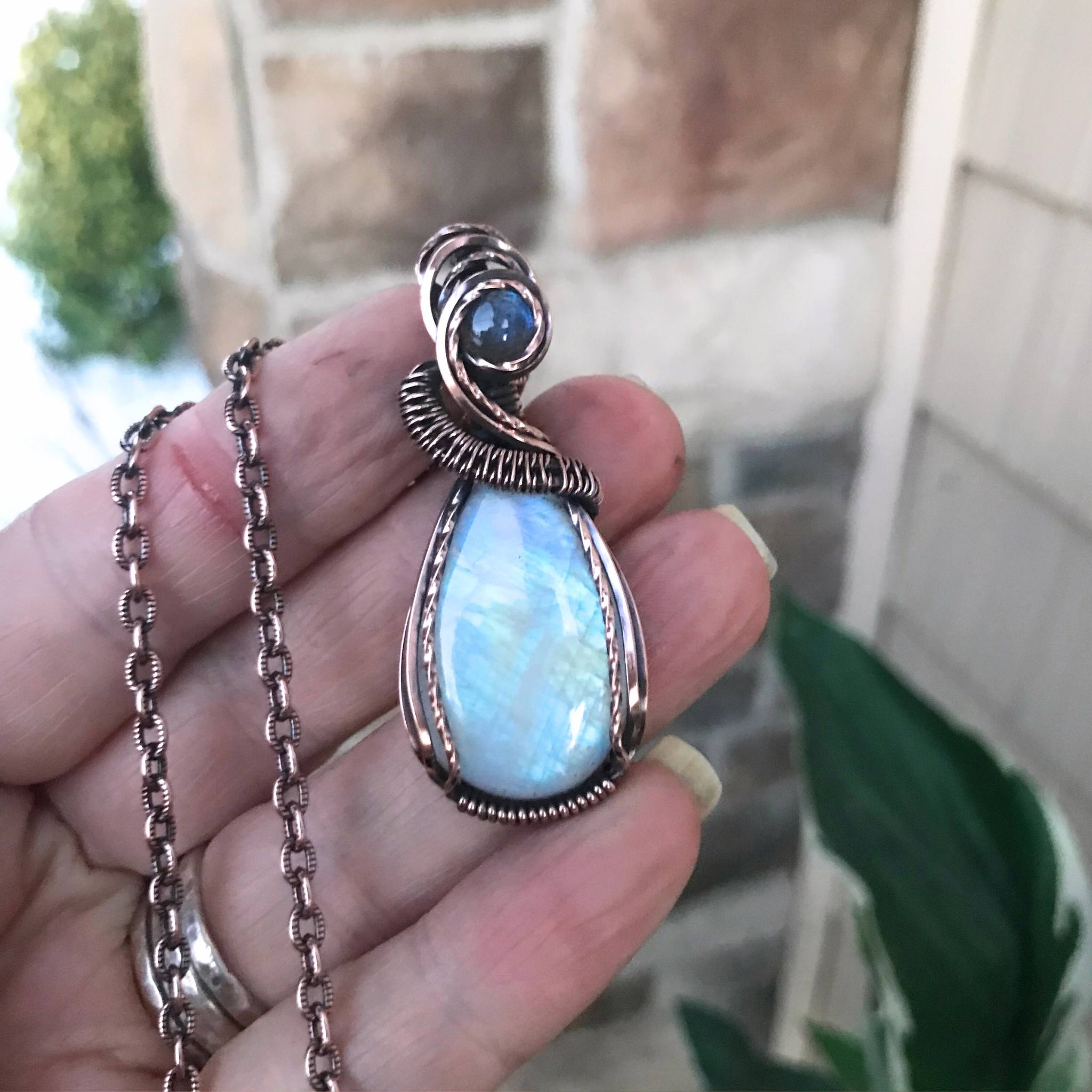 Moonstone & Blue Labradorite Teardrop Copper Pendant