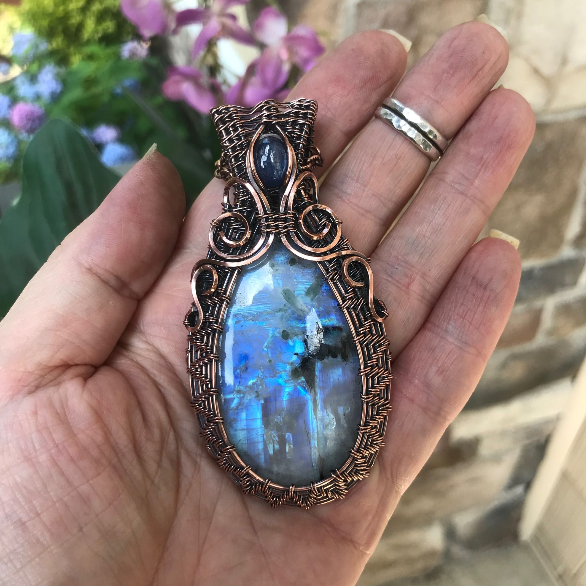 Moonstone & Kyanite Wire Woven Copper Pendant