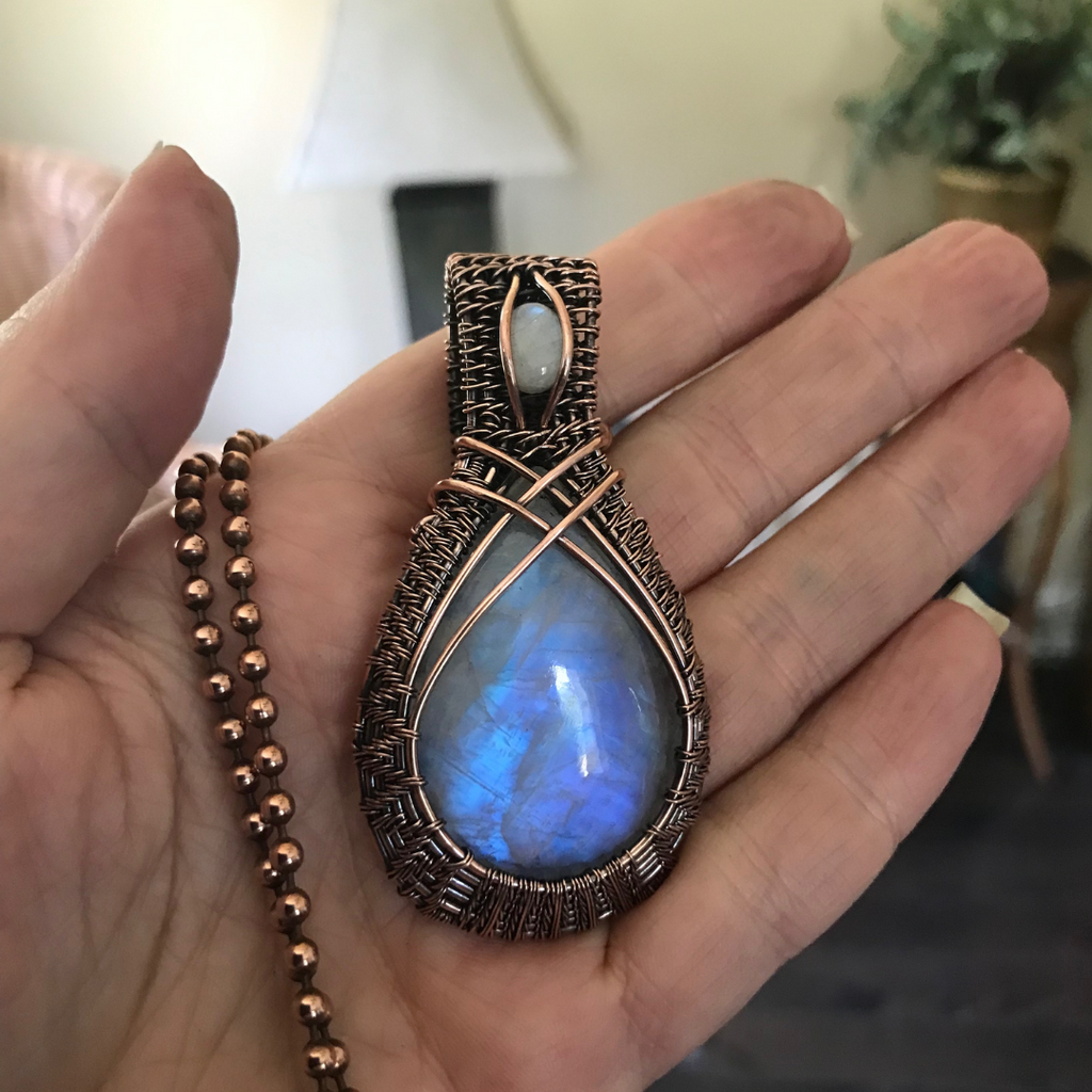 moonstone wire wrapped woven copper pendant necklace moonlet jewelry
