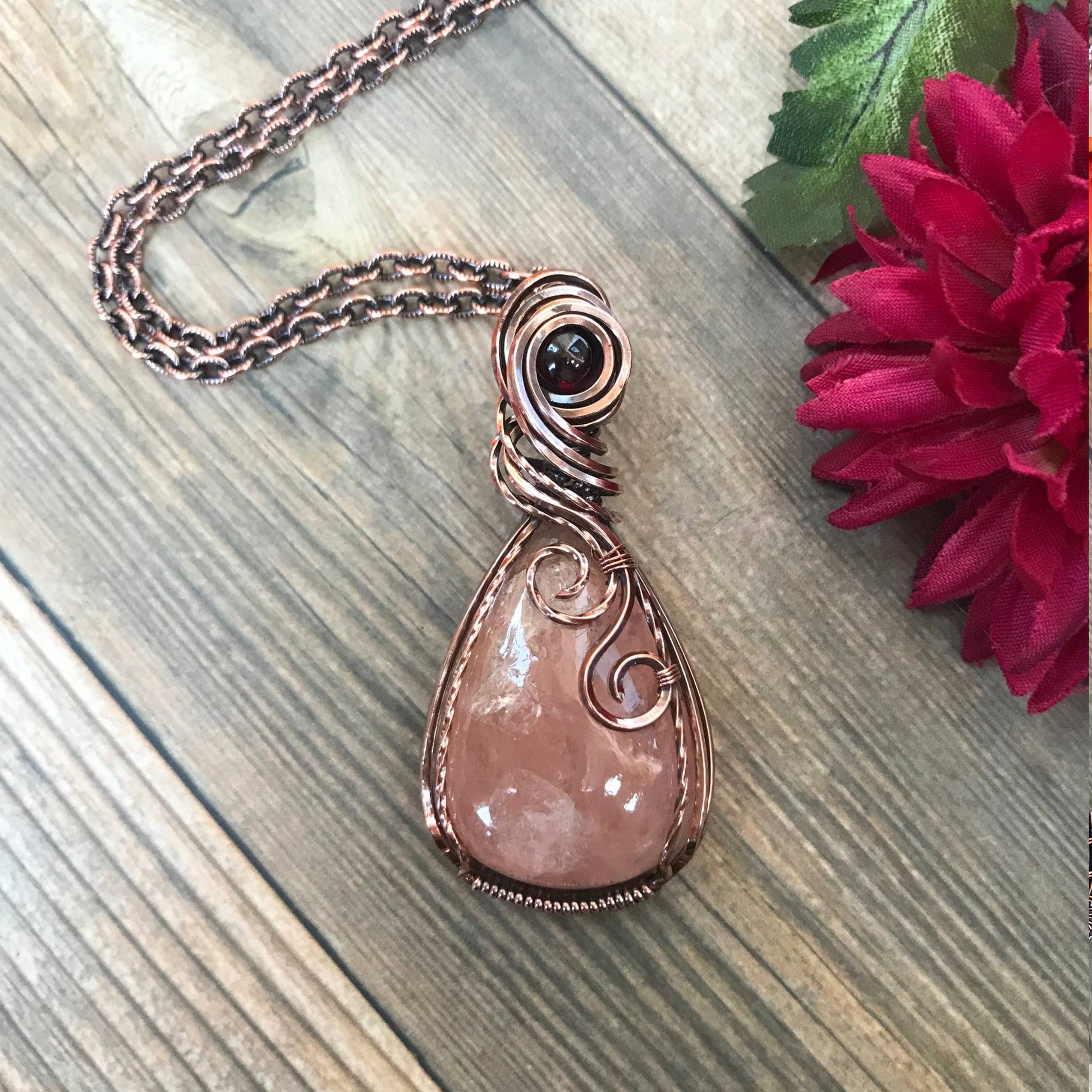 Morganite & Garnet Copper Pendant