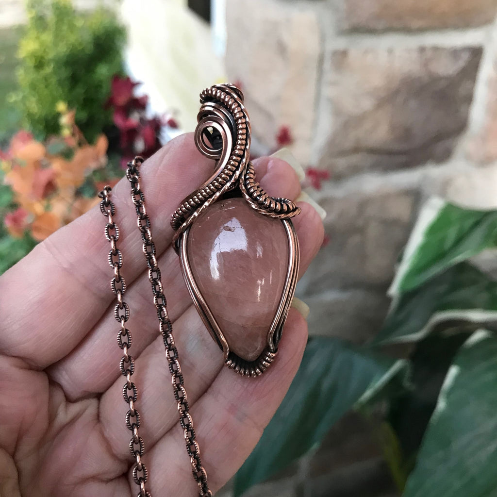 morganite teardrop wire wrapped copper pendant