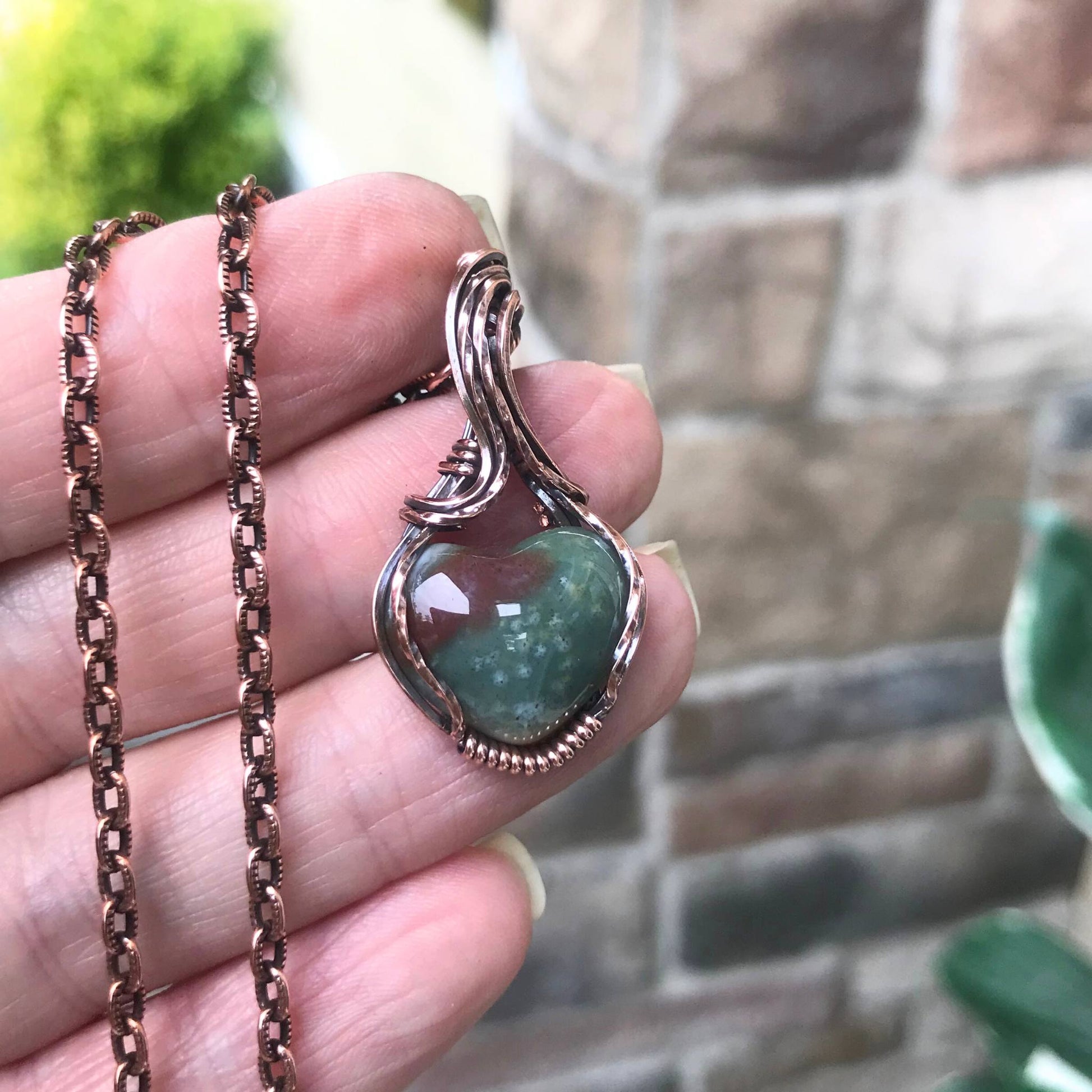 Moss Agate Mini Heart Copper Pendant