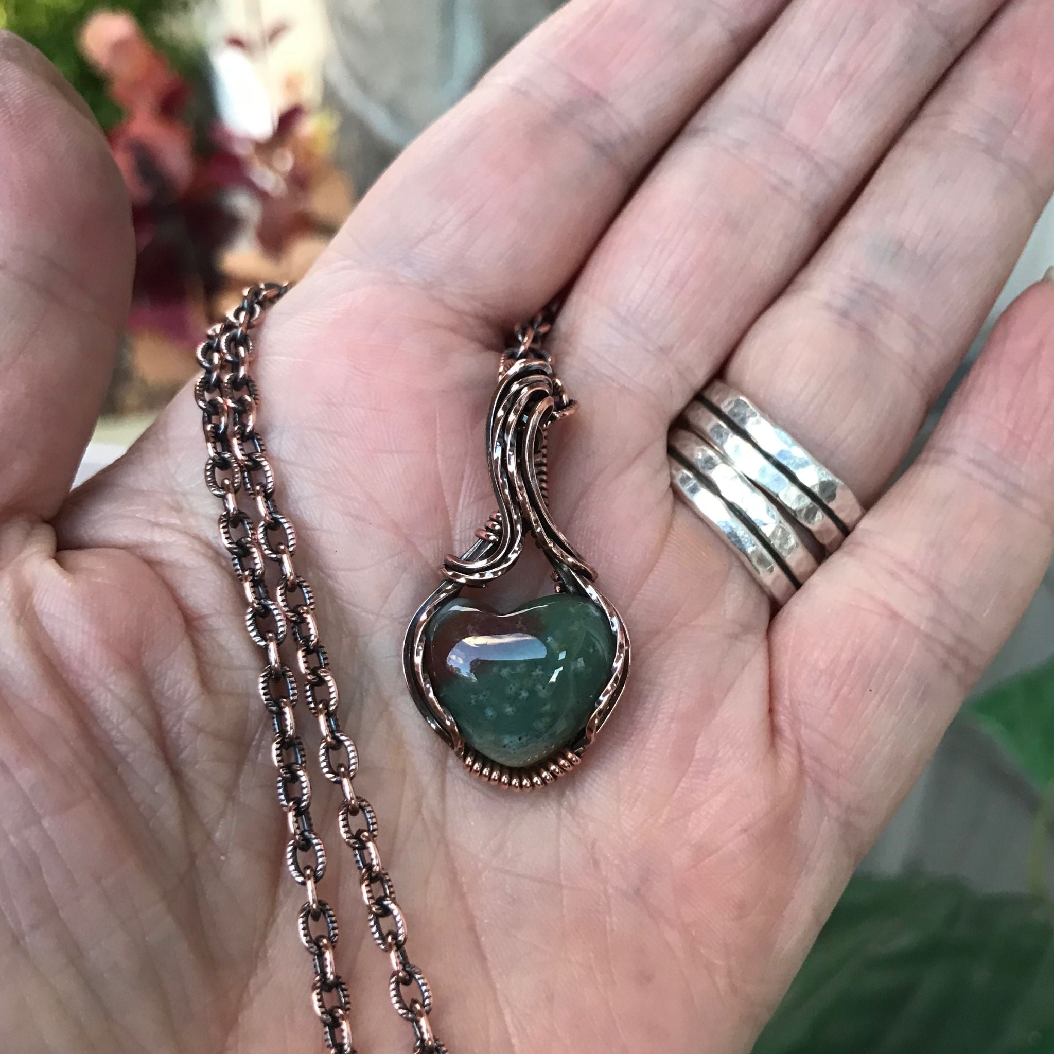 Moss Agate Mini Heart Copper Pendant