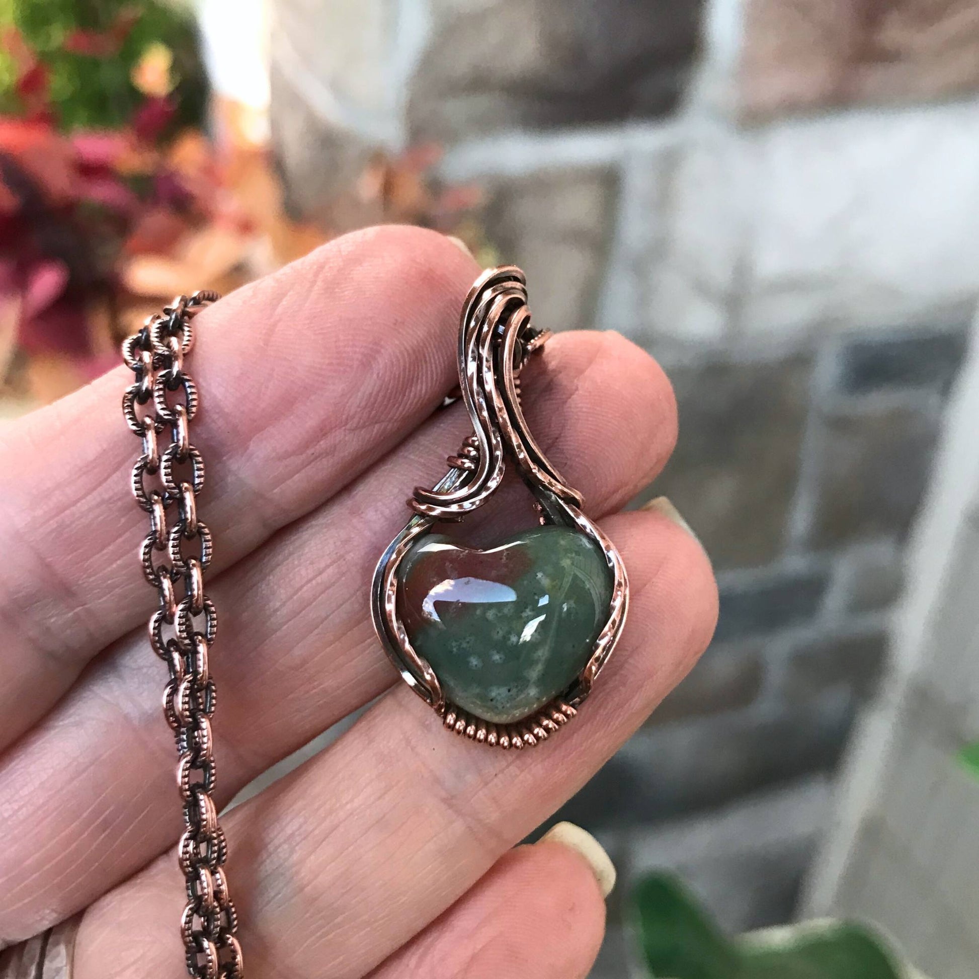 Moss Agate Mini Heart Copper Pendant