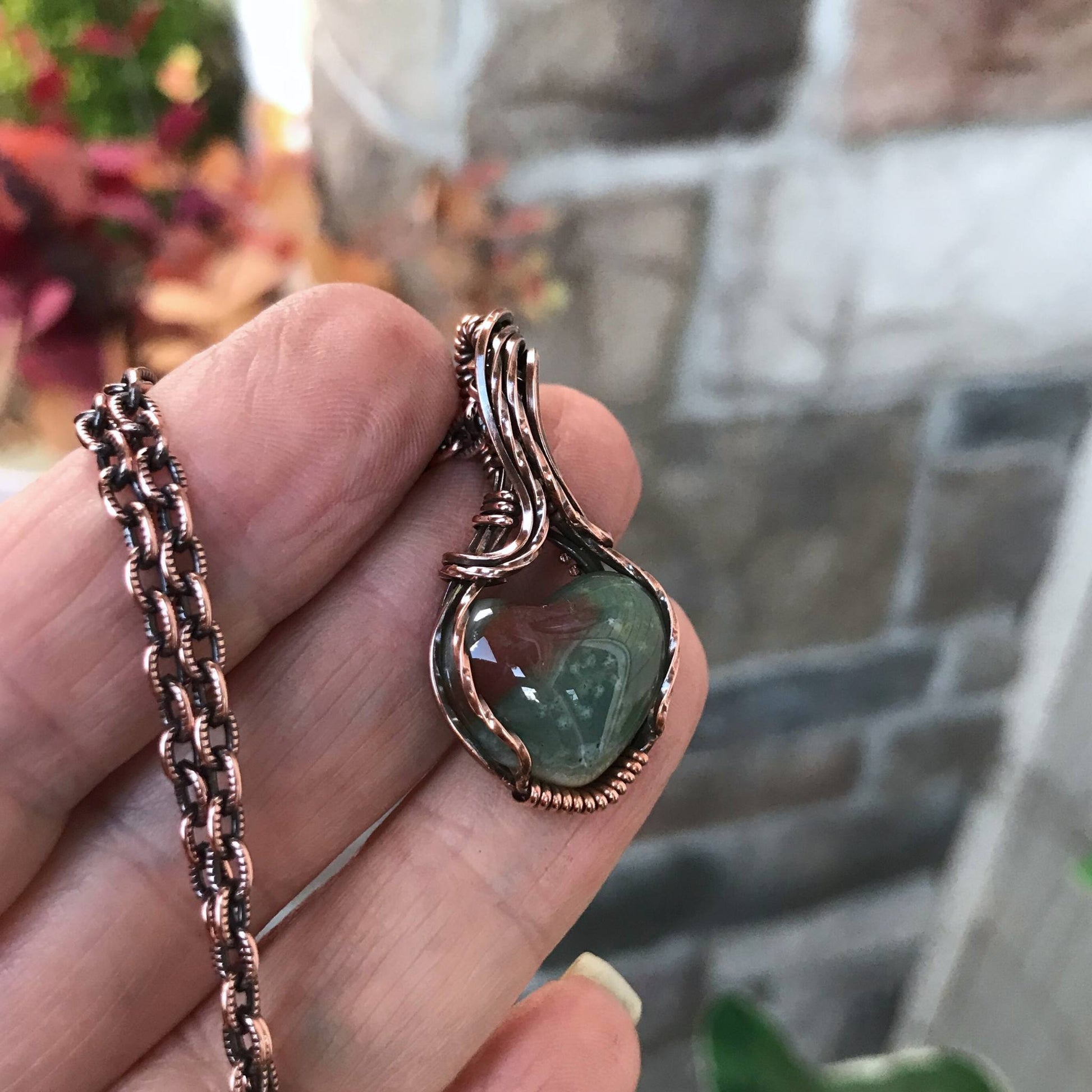 Moss Agate Mini Heart Copper Pendant