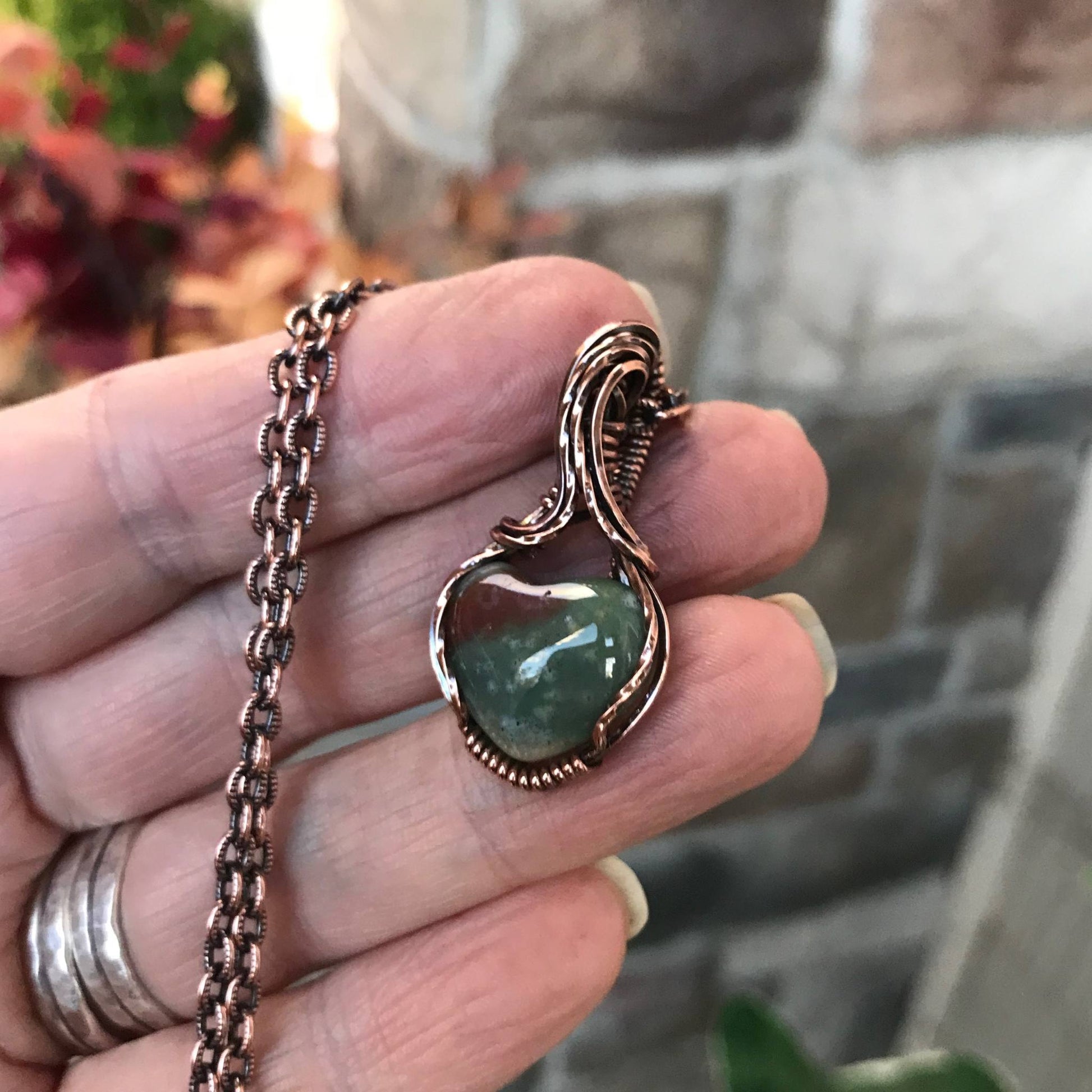 Moss Agate Mini Heart Copper Pendant