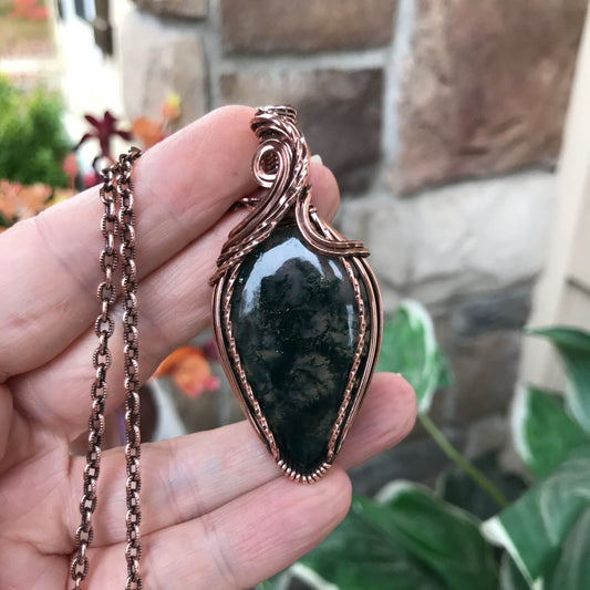 Moss agate wire wrapped copper pendant