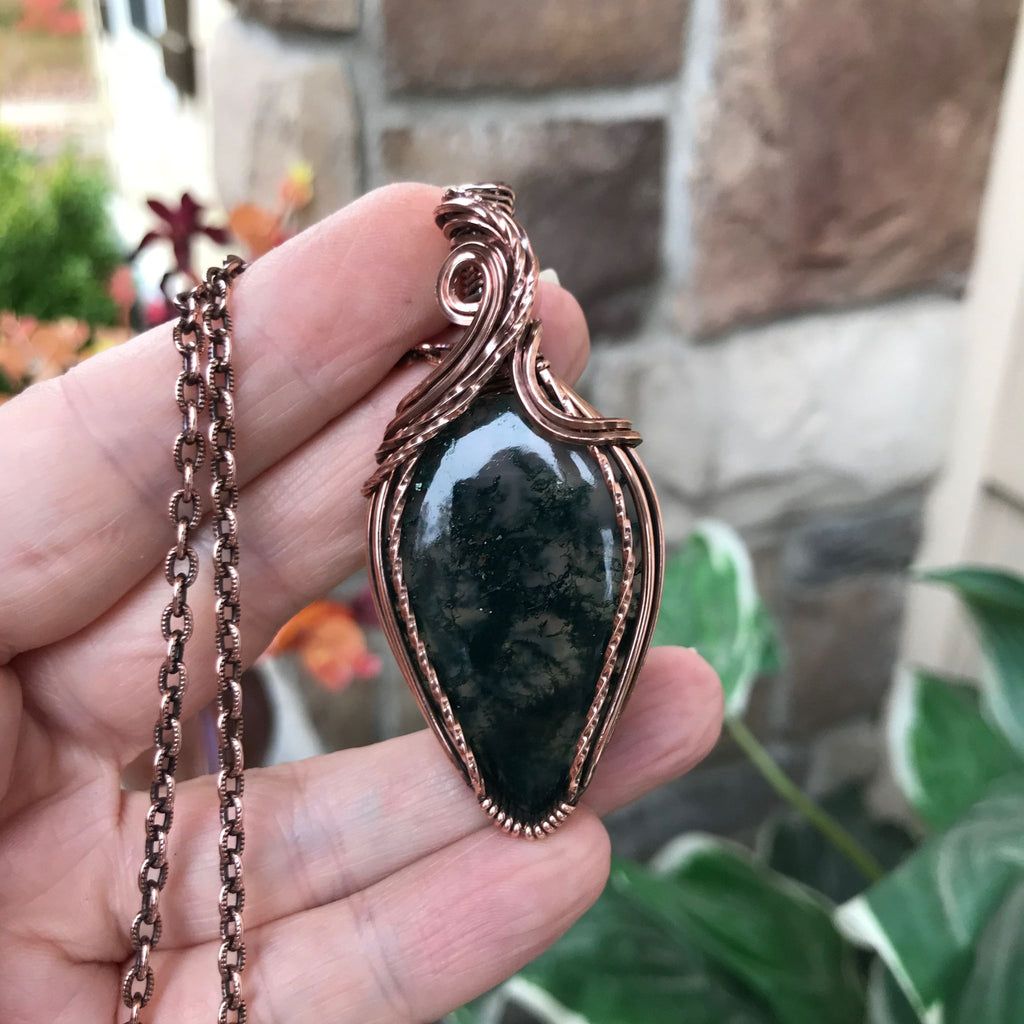 Moss agate wire wrapped copper pendant
