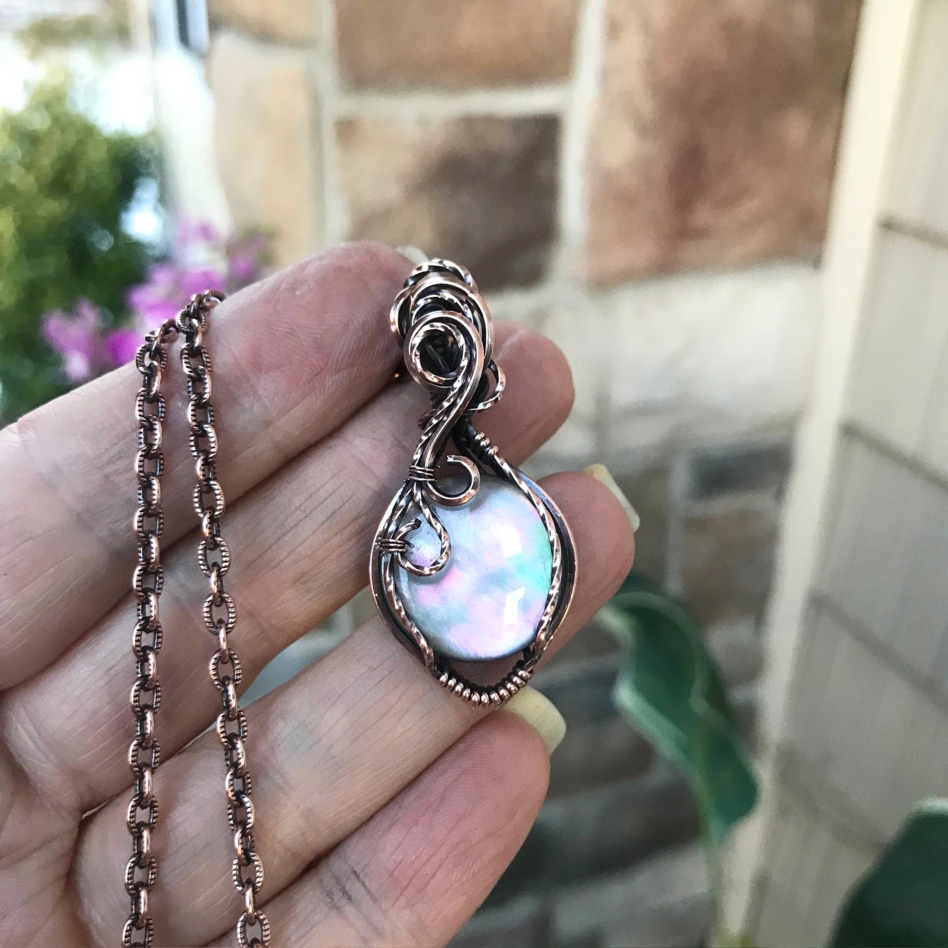 Mother of Pearl Crystal Quartz Doublet Round Copper Necklace