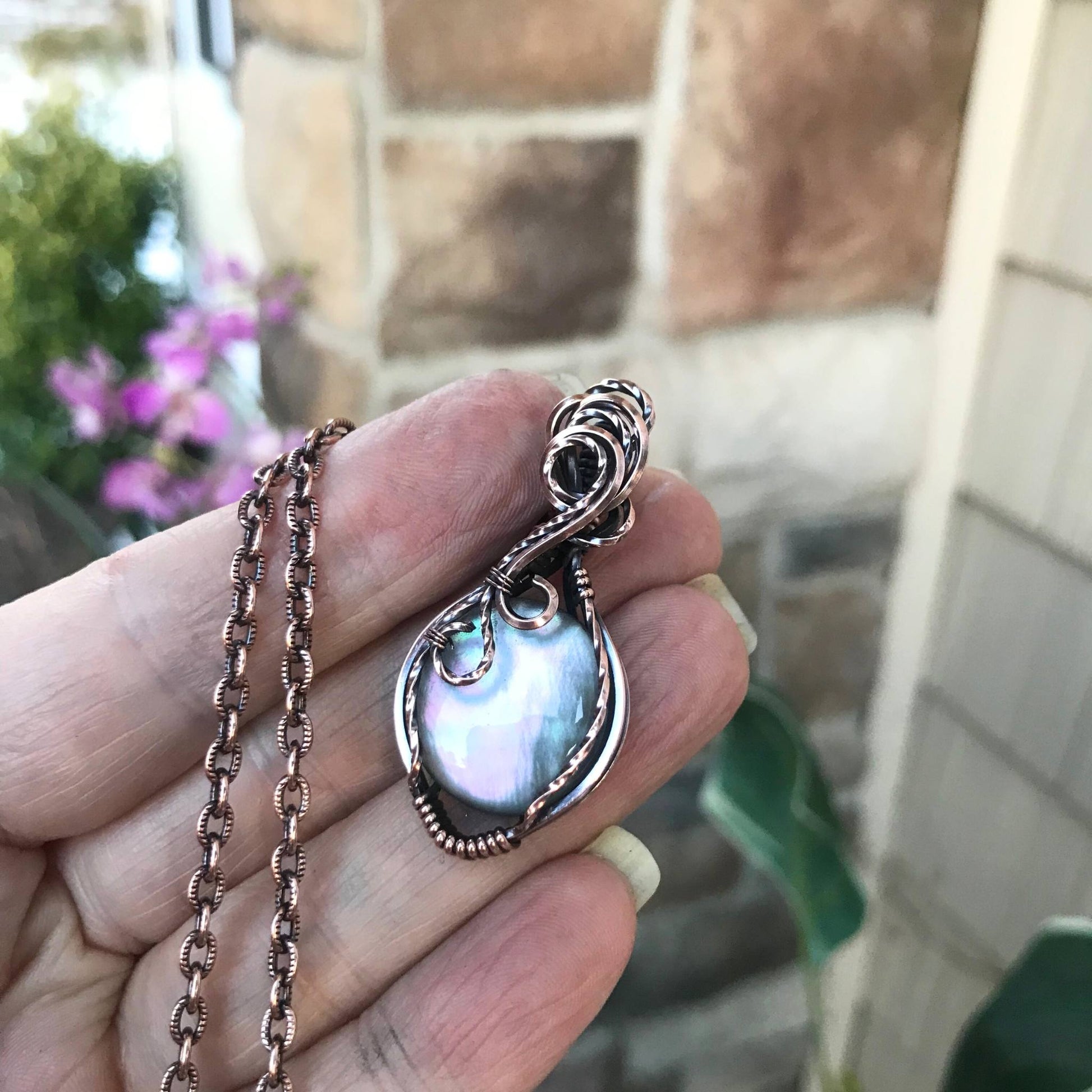 Mother of Pearl Crystal Quartz Doublet Round Copper Necklace