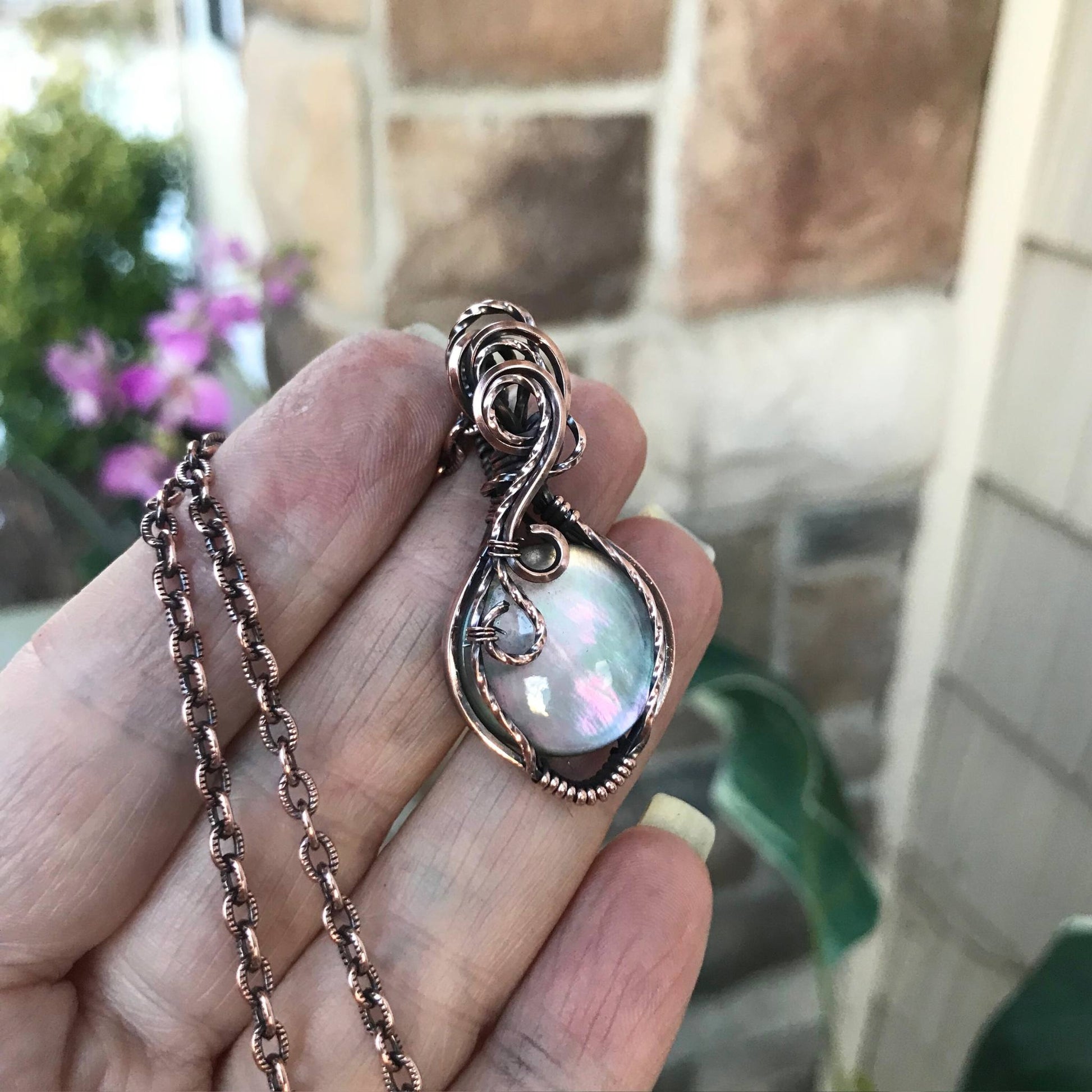 Mother of Pearl Crystal Quartz Doublet Round Copper Necklace