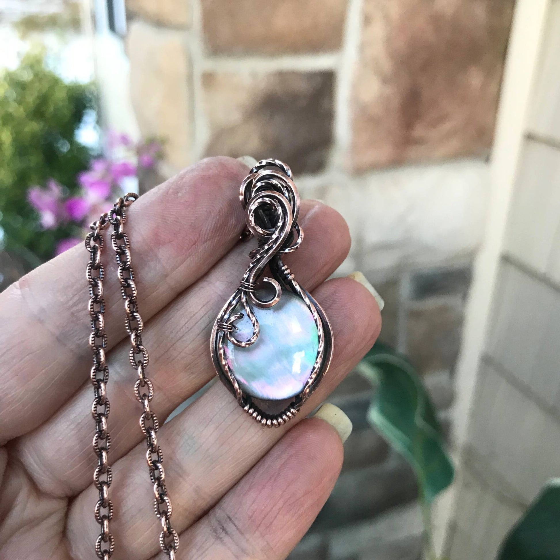 Mother of Pearl Crystal Quartz Doublet Round Copper Necklace