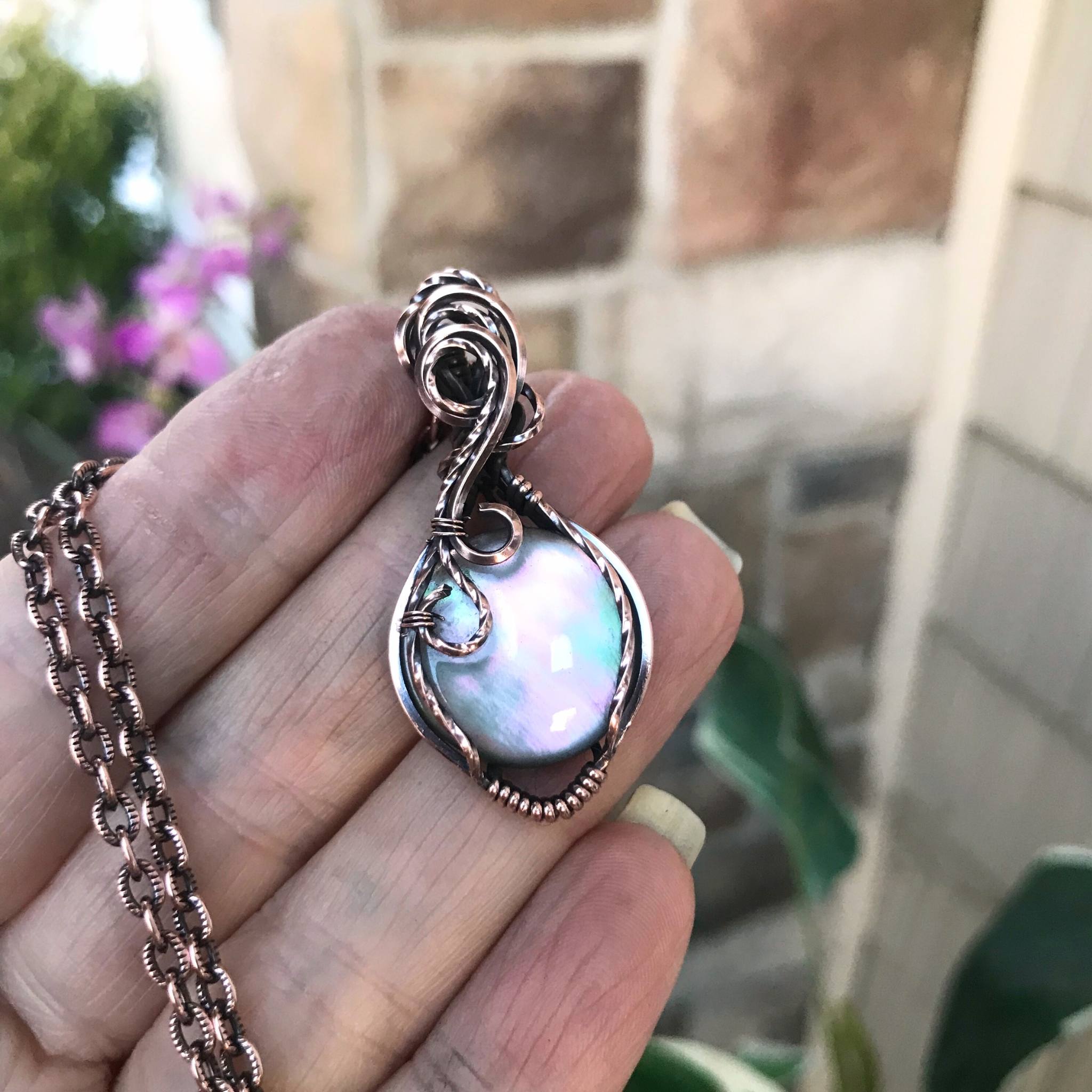 Mother of Pearl Crystal Quartz Doublet Round Copper Necklace