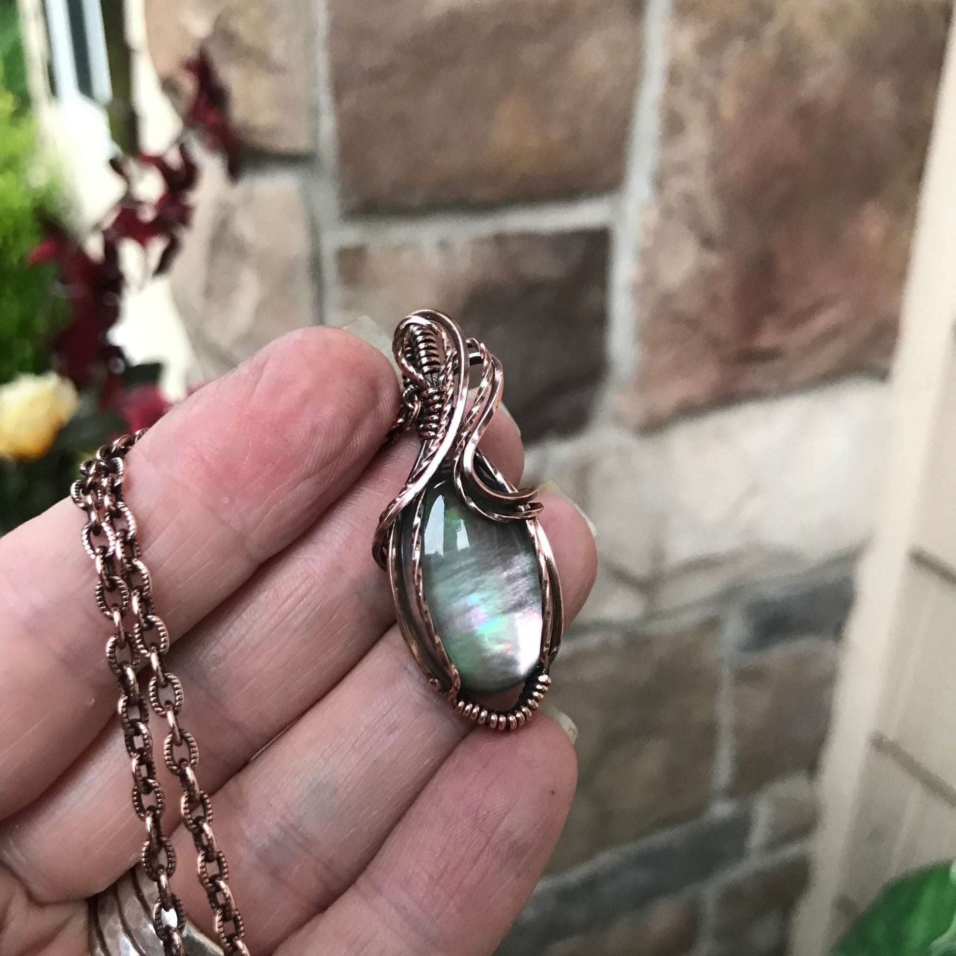 Mother of Pearl oval copper wire wrapped pendant by Moonlet Jewelry