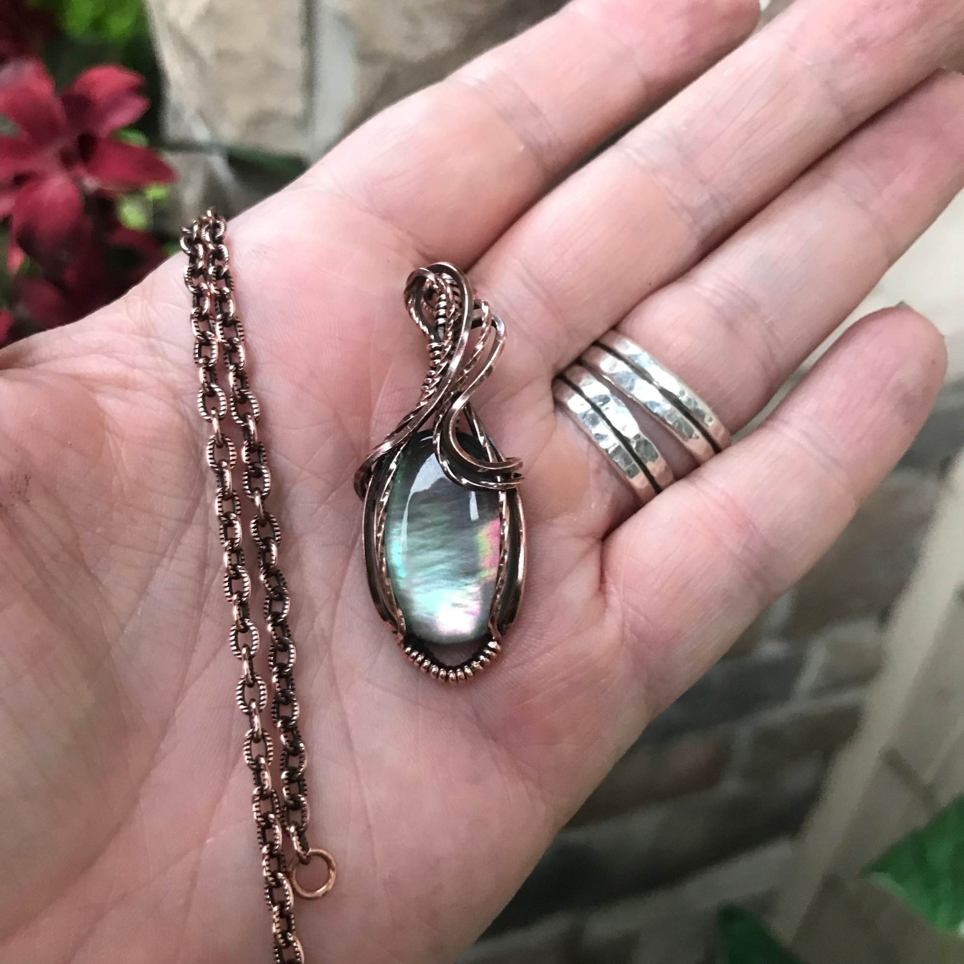 Mother of Pearl oval copper wire wrapped pendant by Moonlet Jewelry