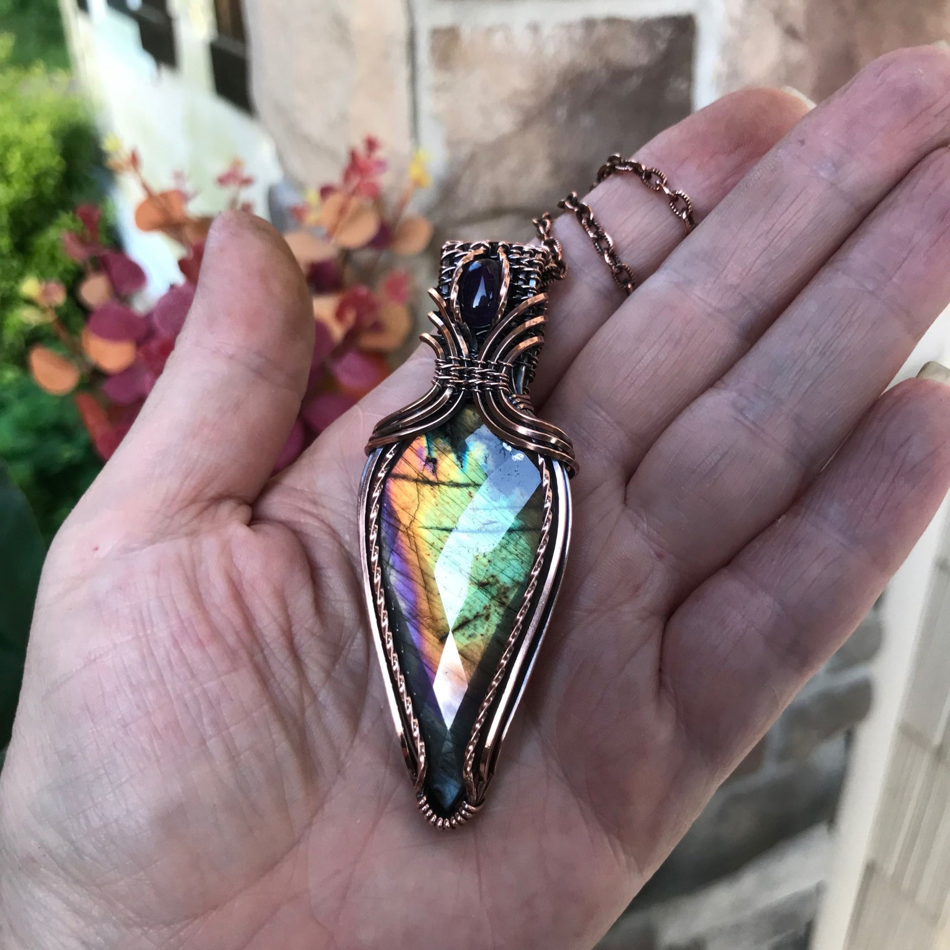 Green Rainbow Labradorite & Amethyst Copper Pendant