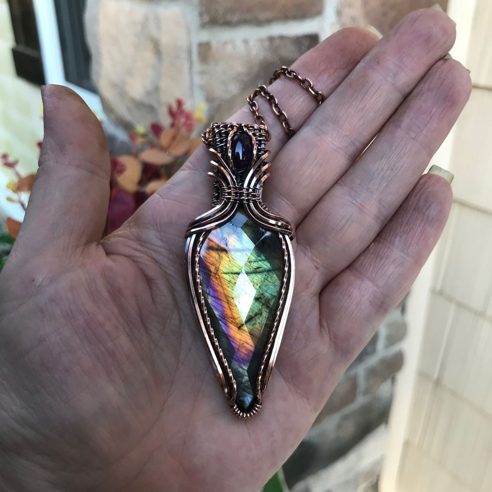 Green Rainbow Labradorite & Amethyst Copper Pendant