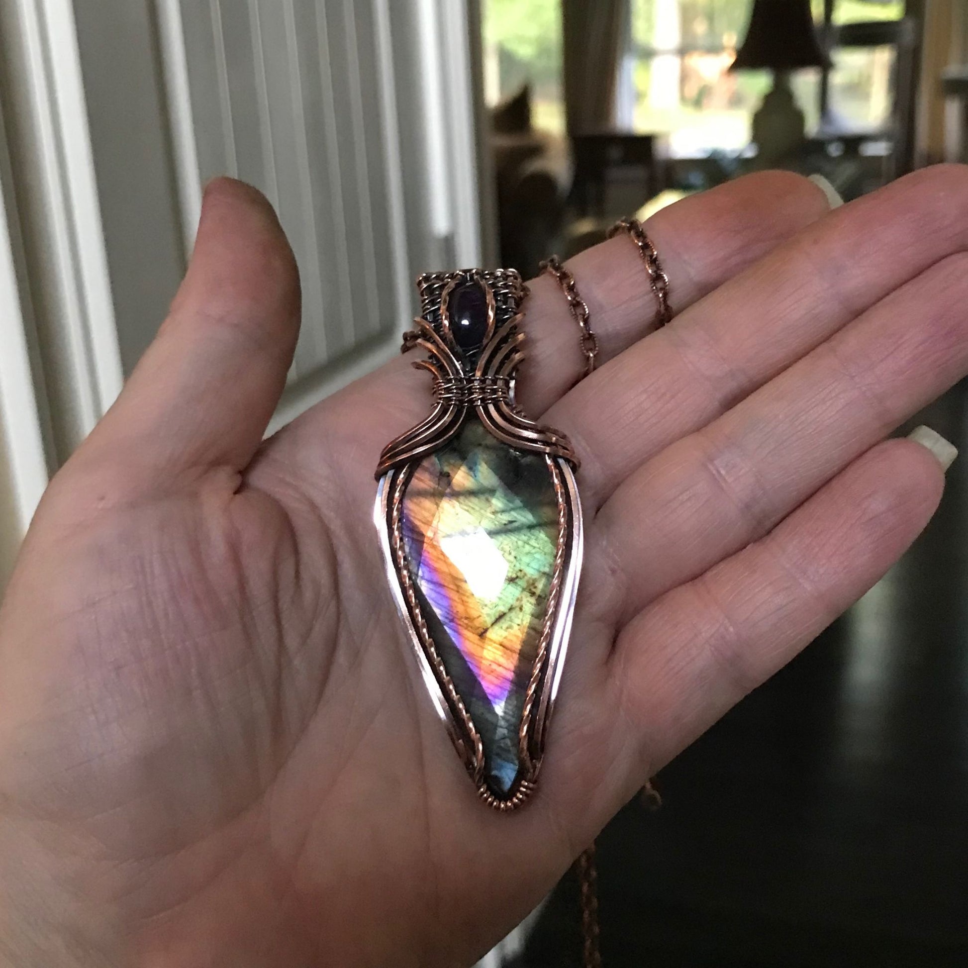 Green Rainbow Labradorite & Amethyst Copper Pendant