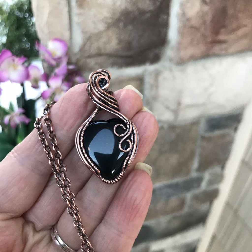 black obsidian heart shaped copper necklace