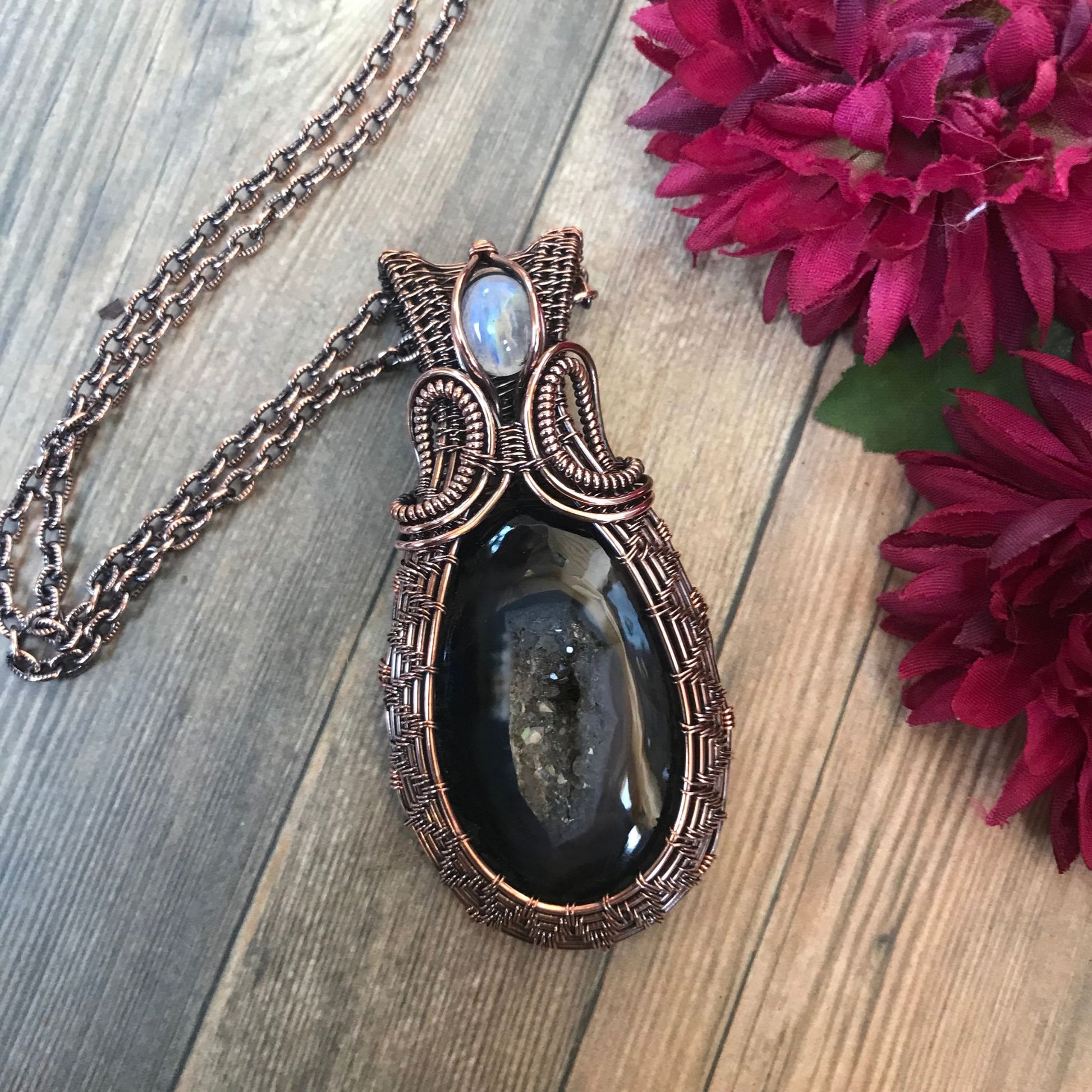 Onyx Druzy & Moonstone Woven Copper Necklace