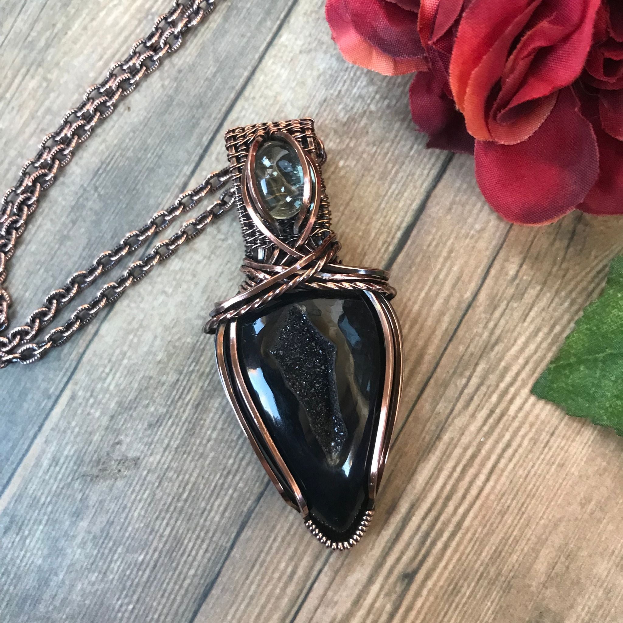 Onyx Druzy & Prasiolite Copper Pendant with Weaving