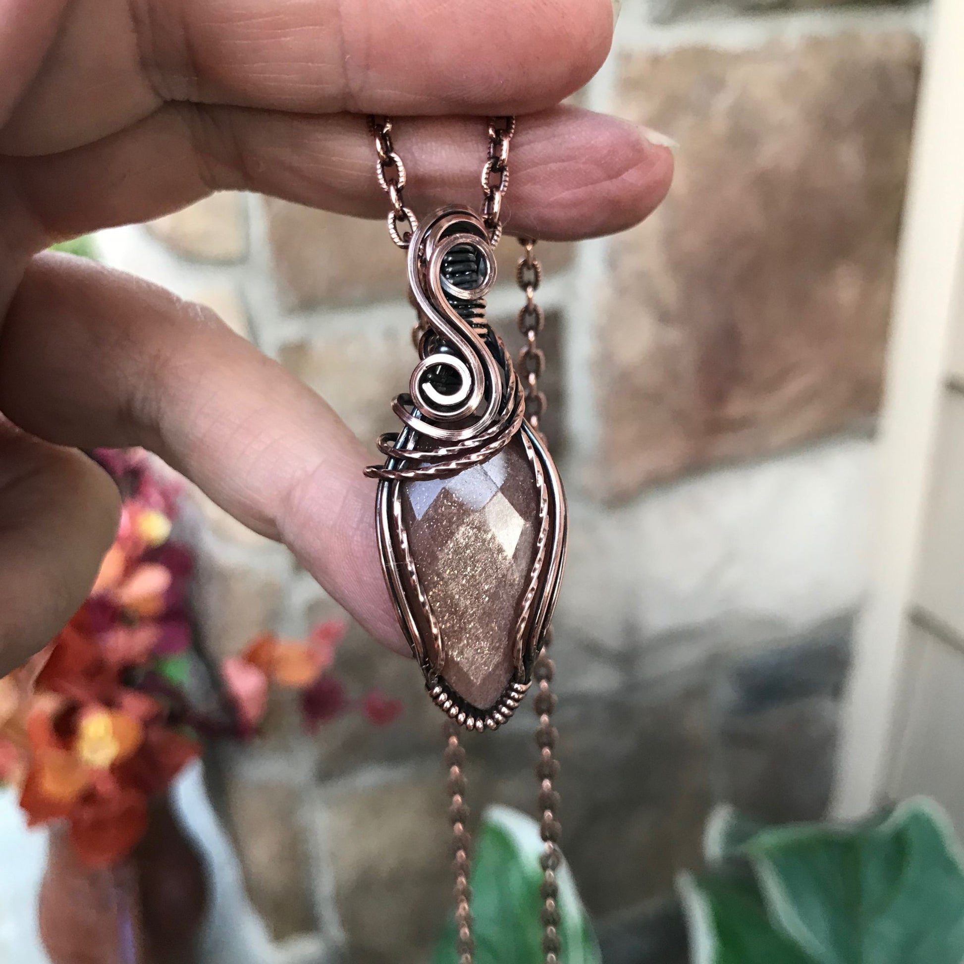 peach moonstone swirly small teardrop copper necklace