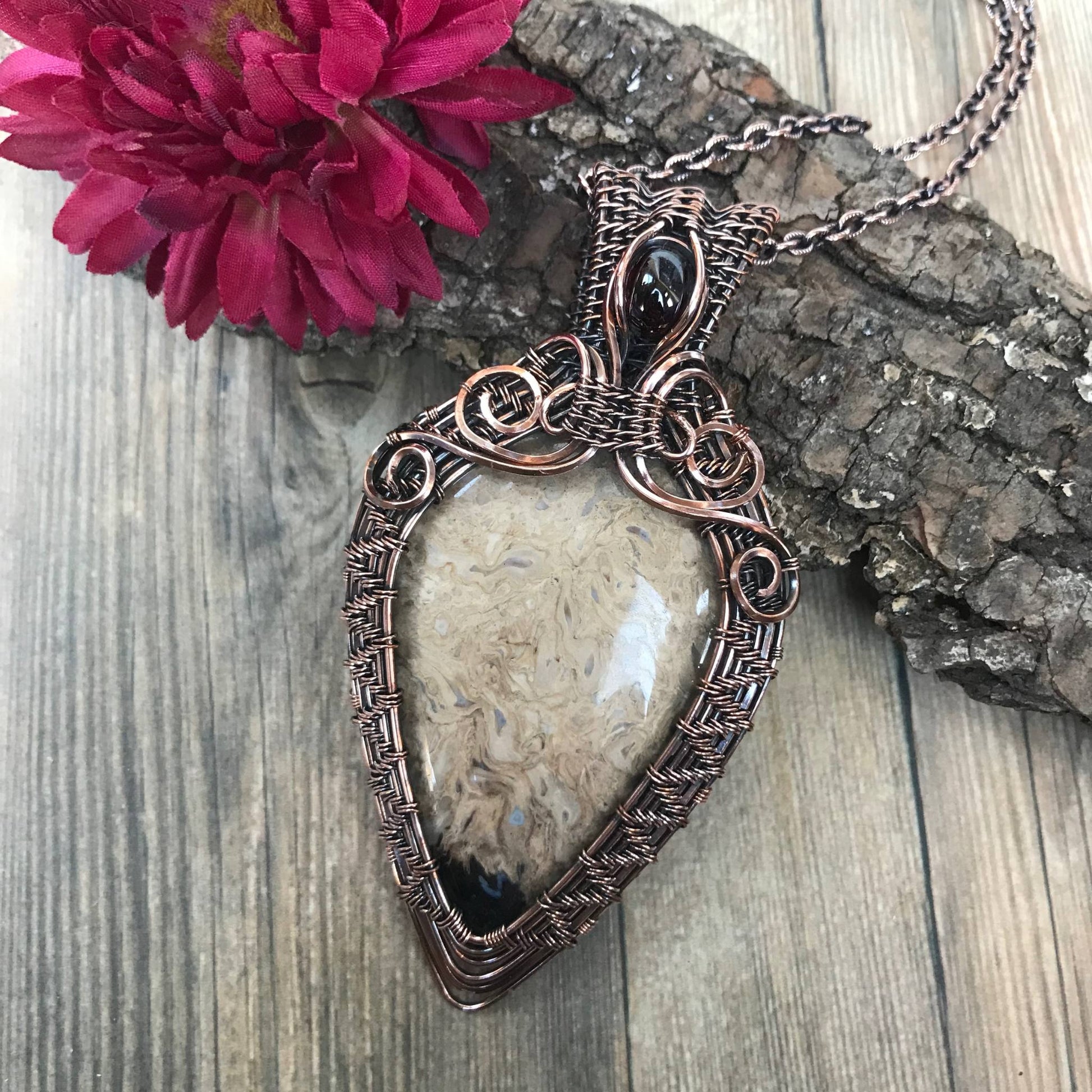 Petrified Palm Root & Garnet Copper Woven Necklace