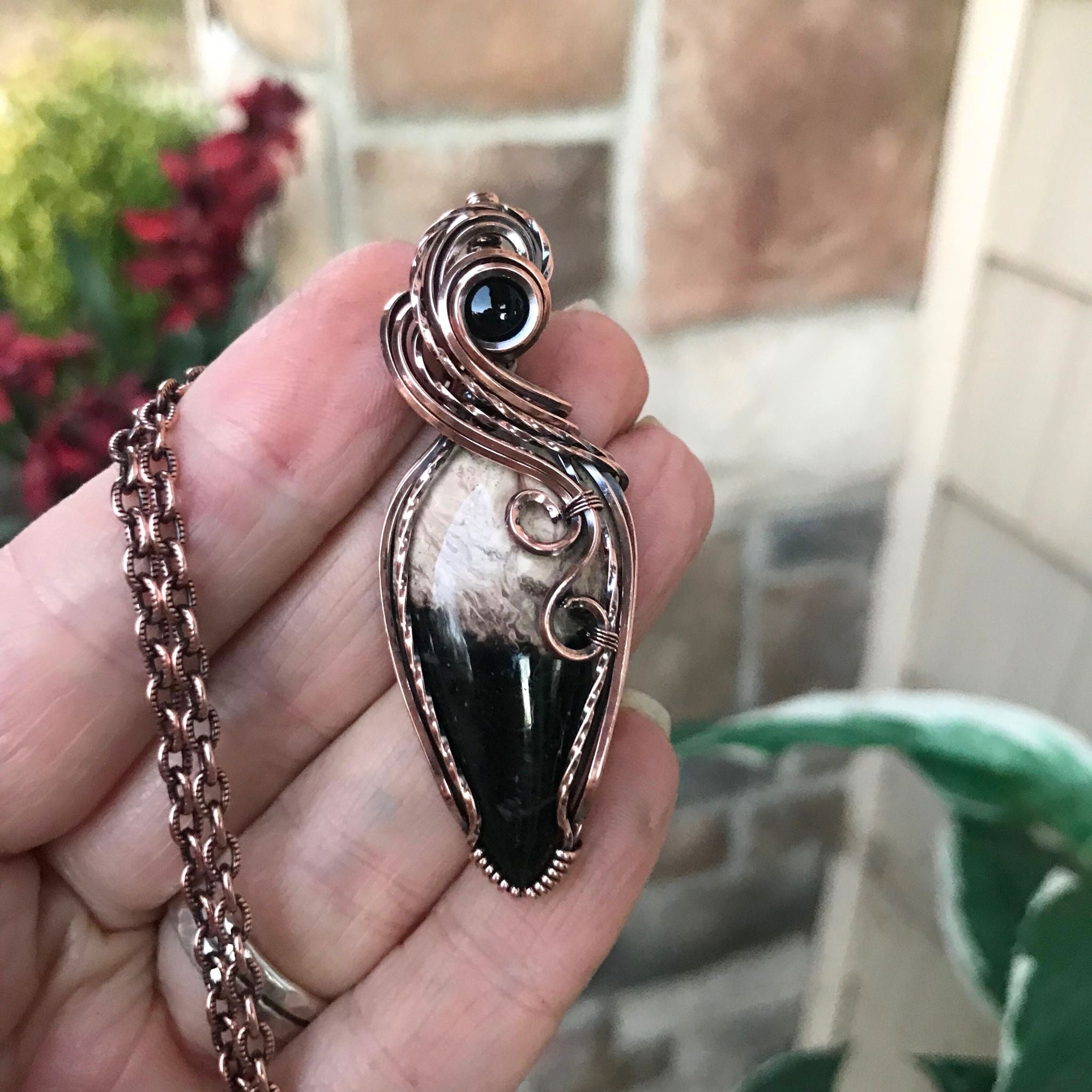 Petrified Palm Wood (Bird's Eye Agate)  & Black Onyx Copper Necklace