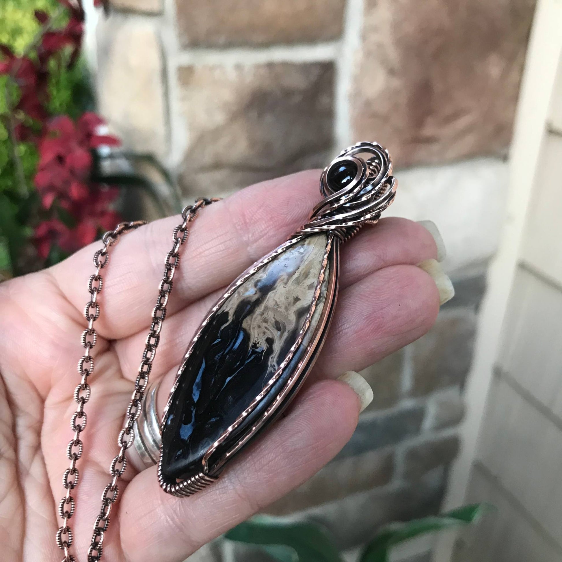 Petrified Palm Root & Garnet Marquis Copper Necklace