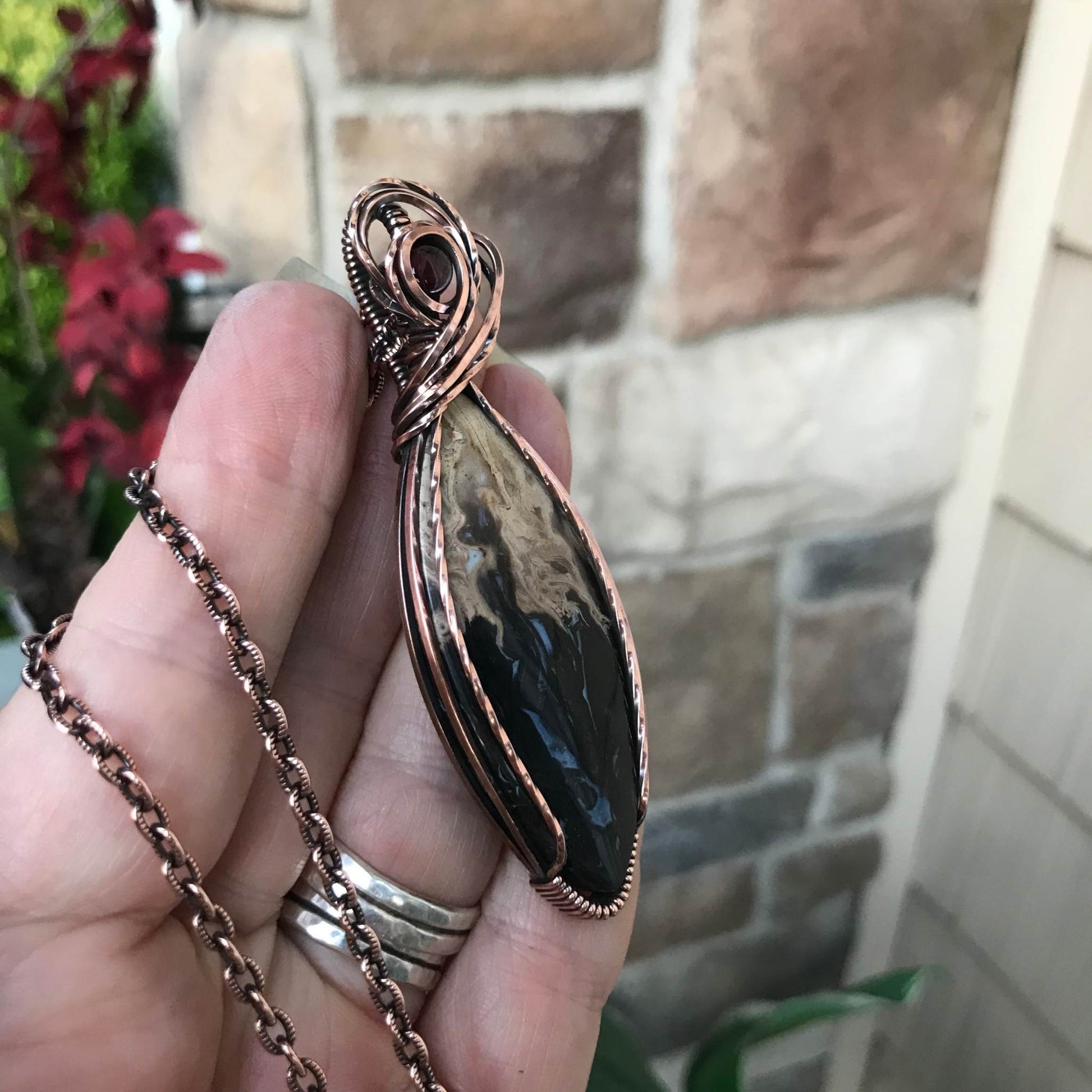 Petrified Palm Root & Garnet Marquis Copper Necklace