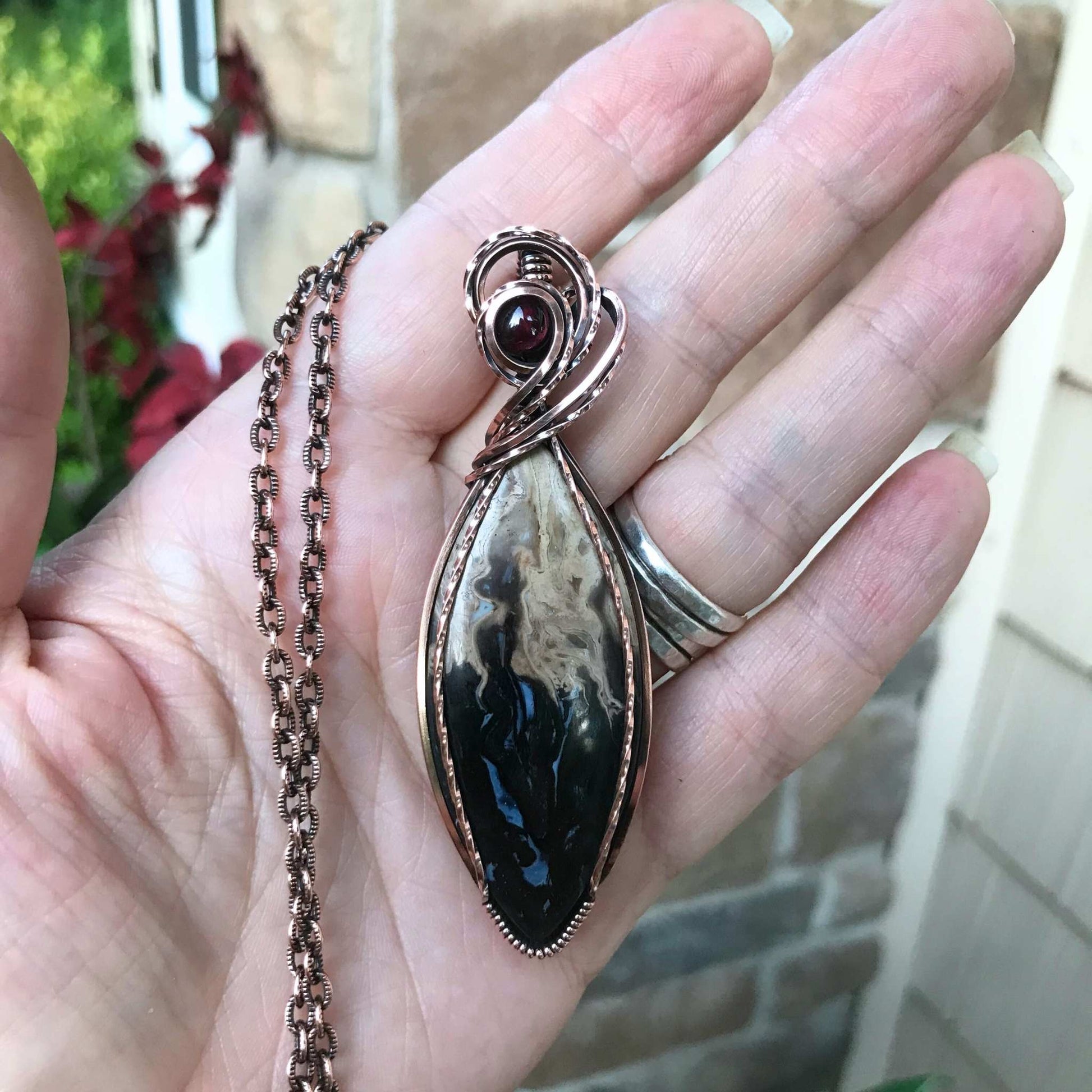 Petrified Palm Root & Garnet Marquis Copper Necklace