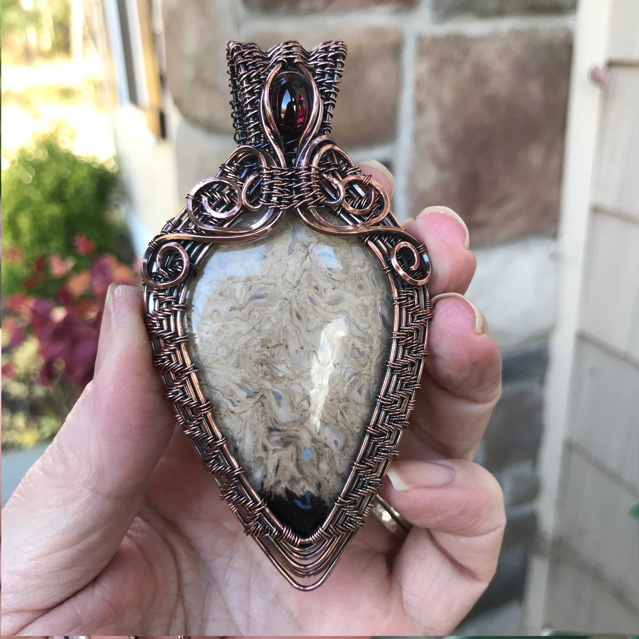 Petrified Palm Root & Garnet Copper Woven Necklace