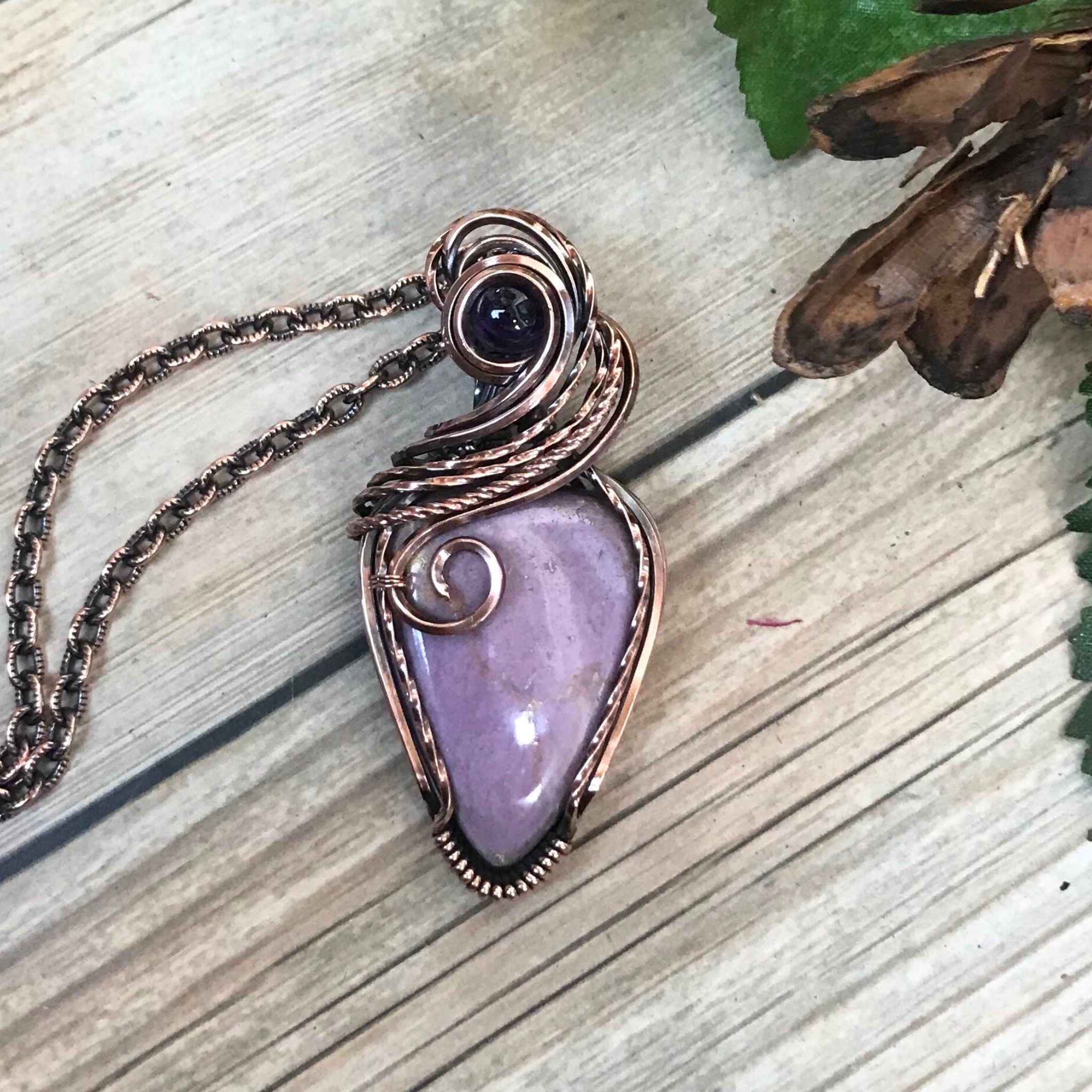 Phosphosiderite & Amethyst Swirly Copper Pendant