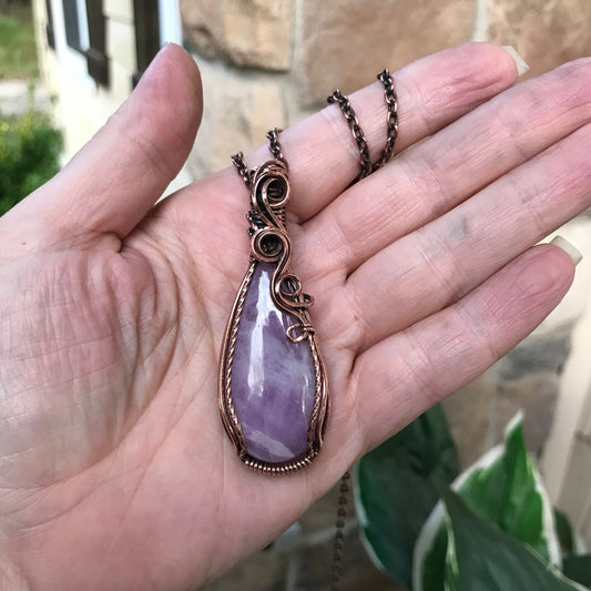 pink kunzite wire wrapped copper pendant