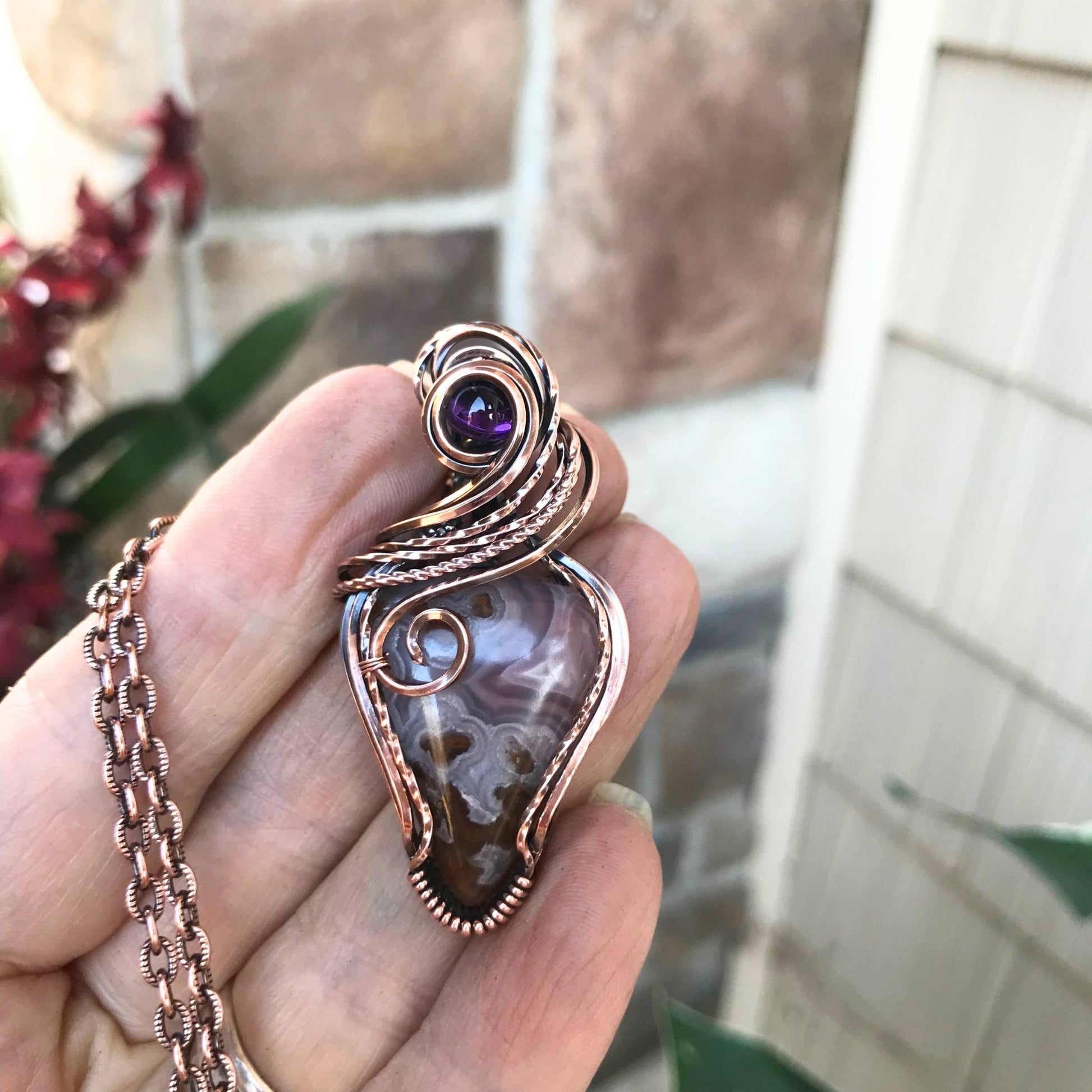 Pink Plume Moss Agate (Agua Nueva) w/Amethyst Copper Pendant