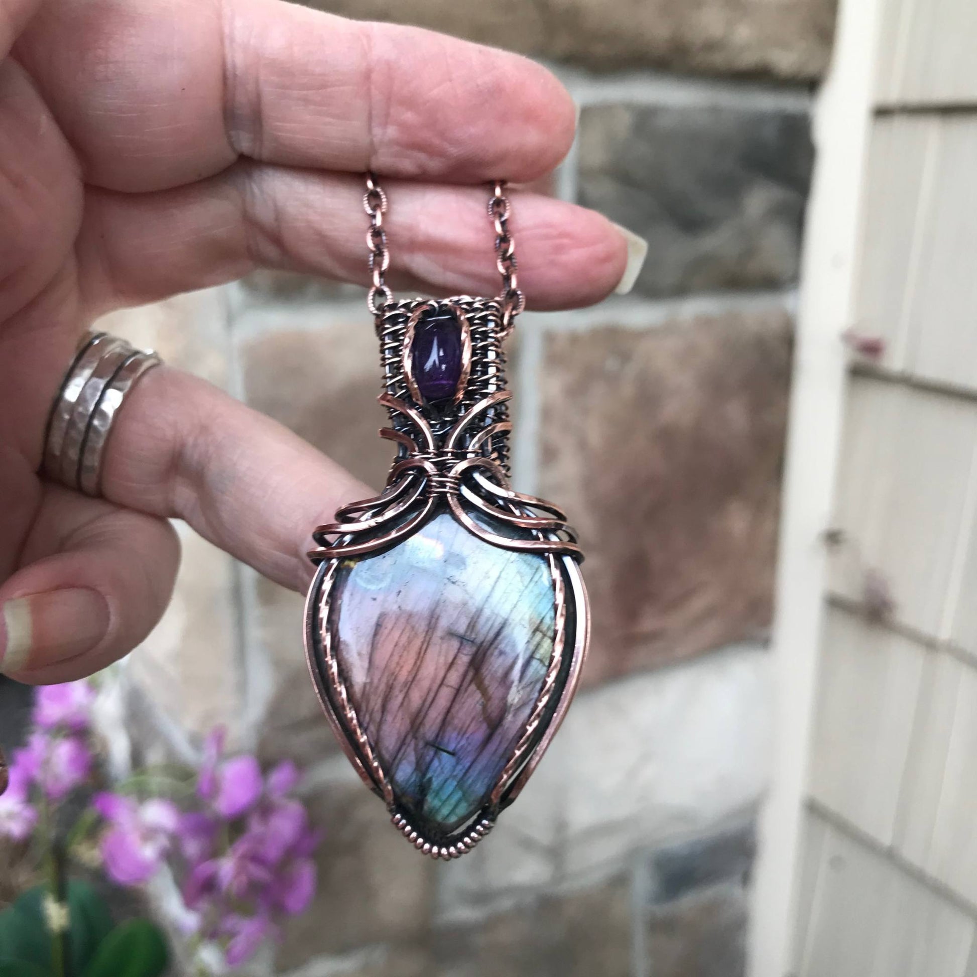 Purple Amber Teal Labradorite & Amethyst Copper Pendant