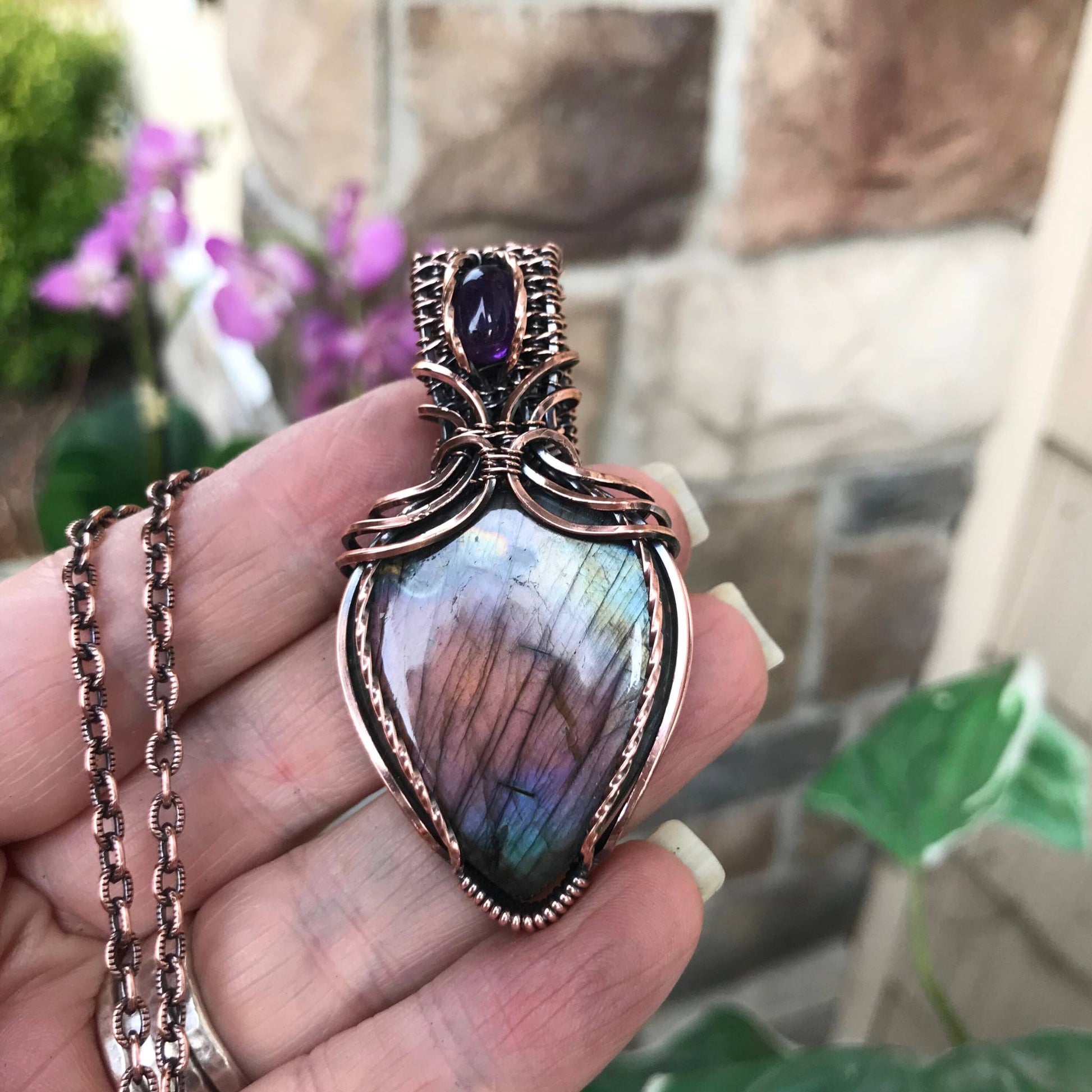 Purple Amber Teal Labradorite & Amethyst Copper Pendant