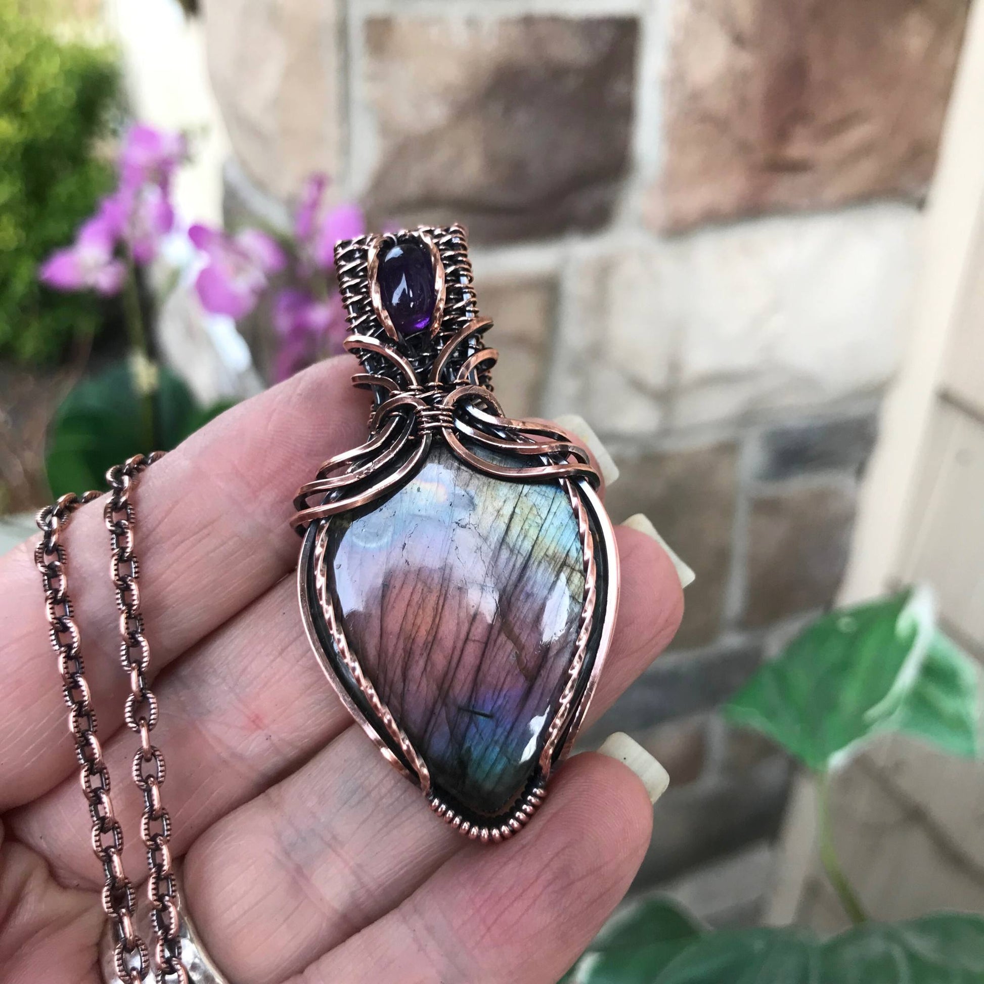 Purple Amber Teal Labradorite & Amethyst Copper Pendant