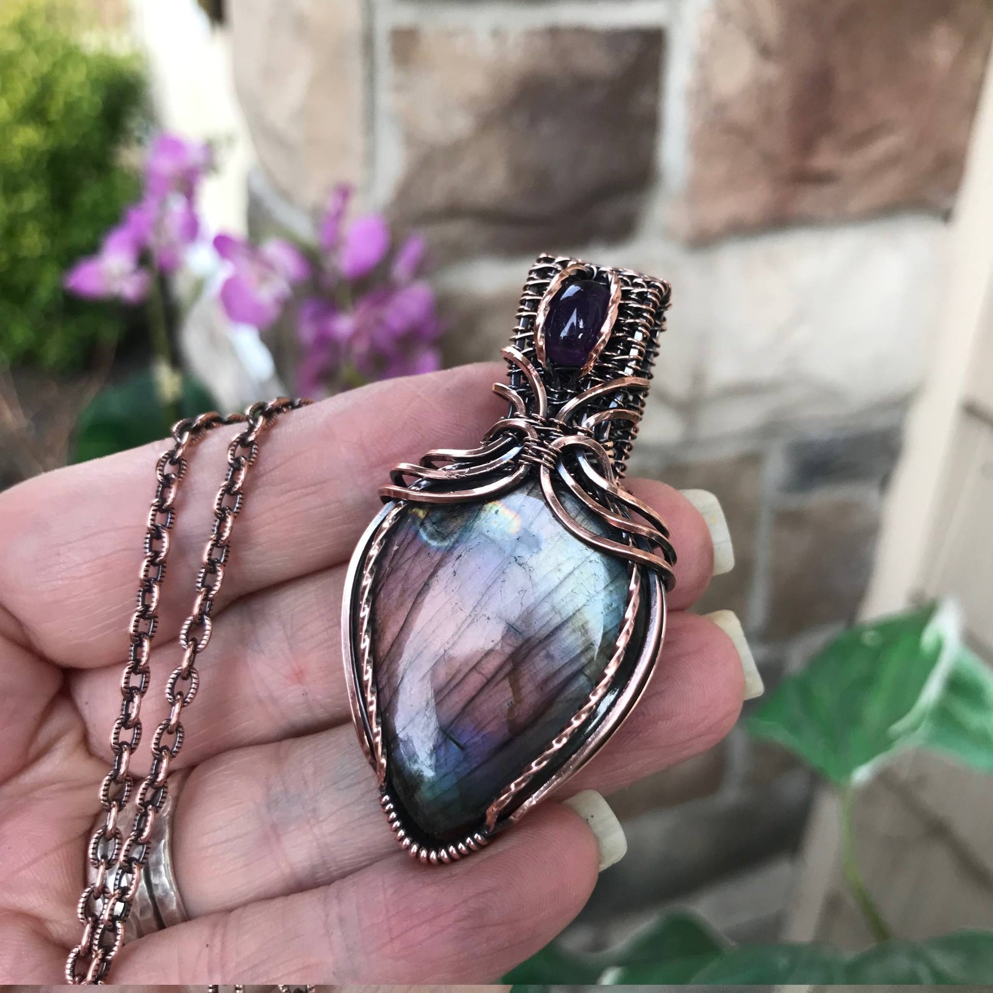 Purple Amber Teal Labradorite & Amethyst Copper Pendant