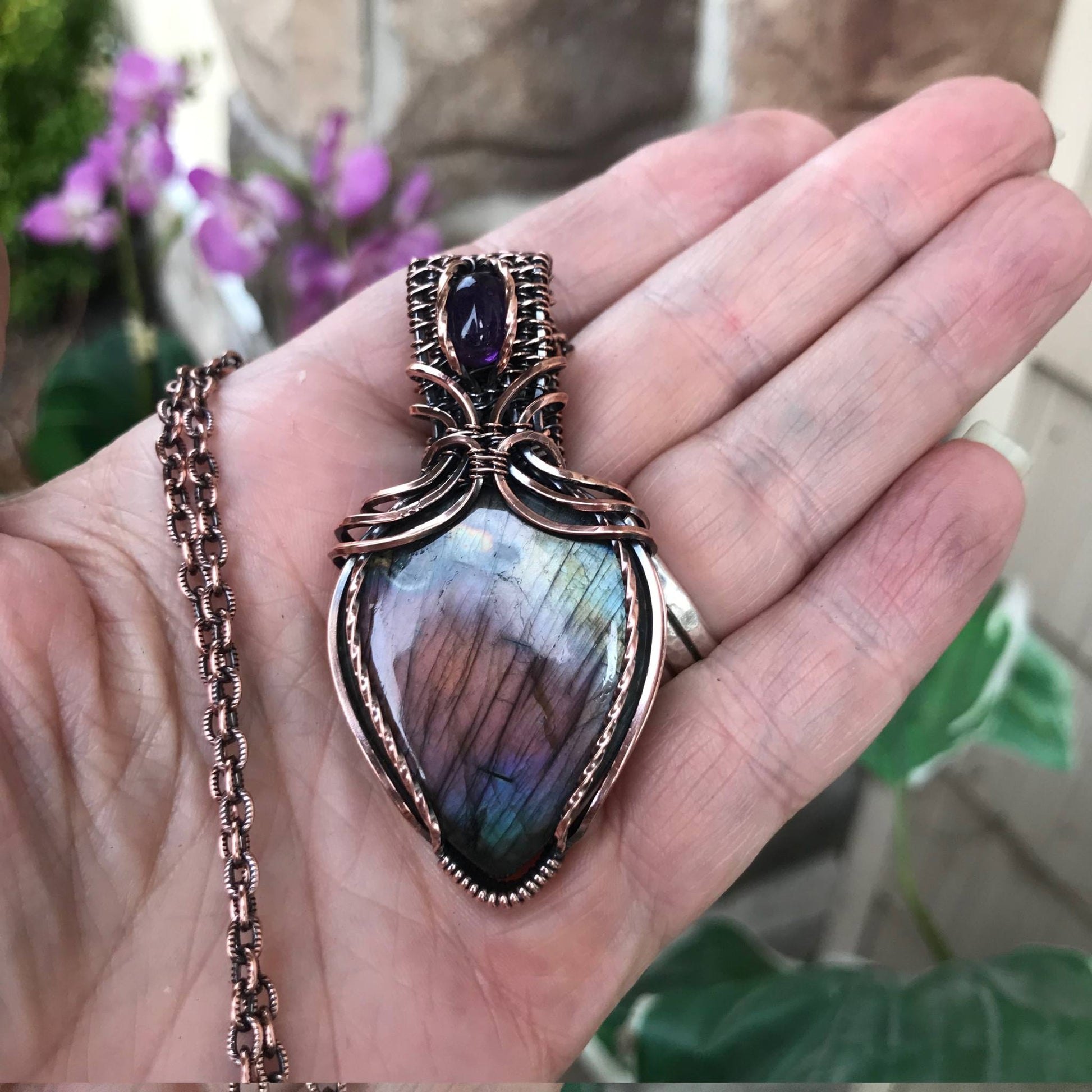 Purple Amber Teal Labradorite & Amethyst Copper Pendant