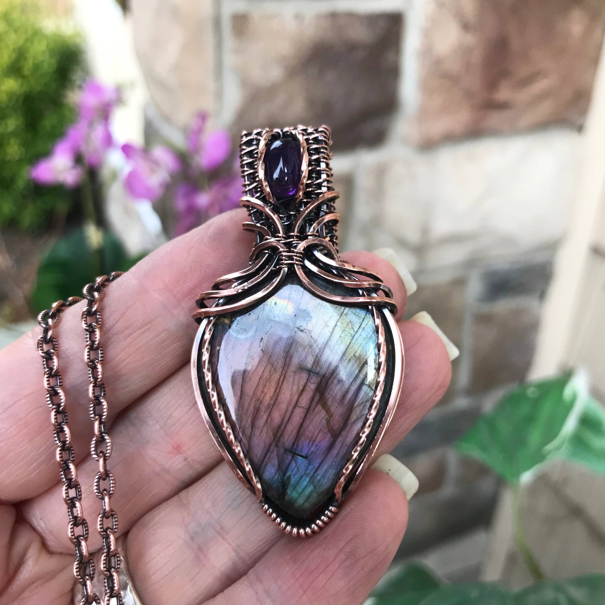 Purple Amber Teal Labradorite & Amethyst Copper Pendant