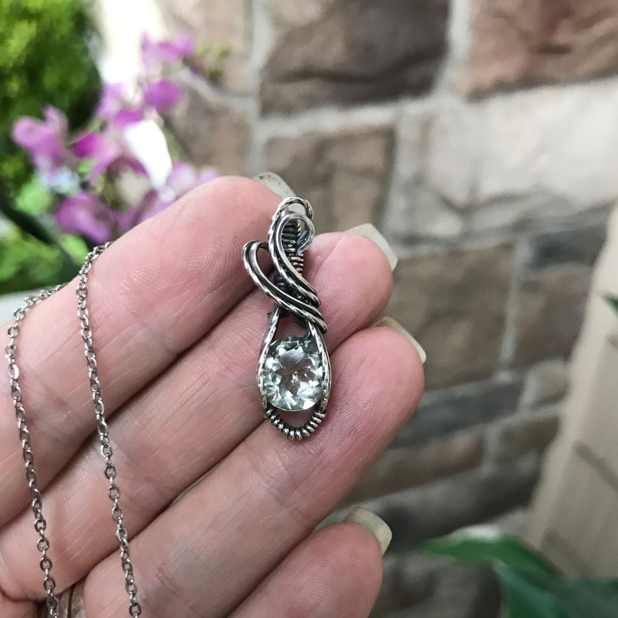 Faceted prasiolite mini sterling silver wire wrapped pendant