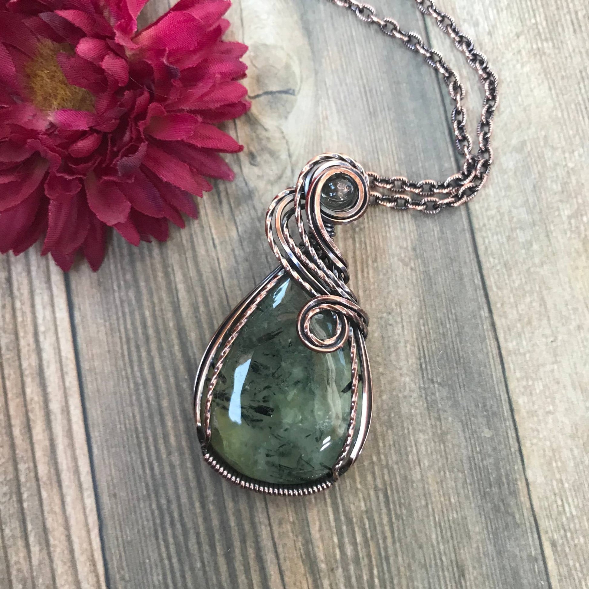 Prehnite & Prasiolite Copper Teardrop Pendant