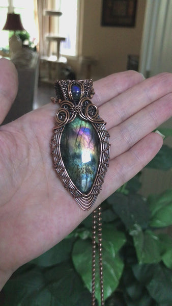 blue rainbow labradorite wire weave teardrop copper pendant moonlet jewelry