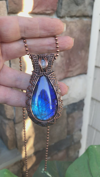 blue labradorite moonstone teardrop wire woven copper necklace moonlet jewelry