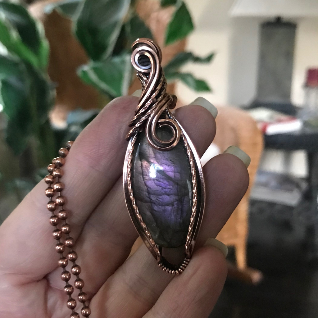 purple amber labradorite wire wrapped copper pendant necklace moonlet jewelry